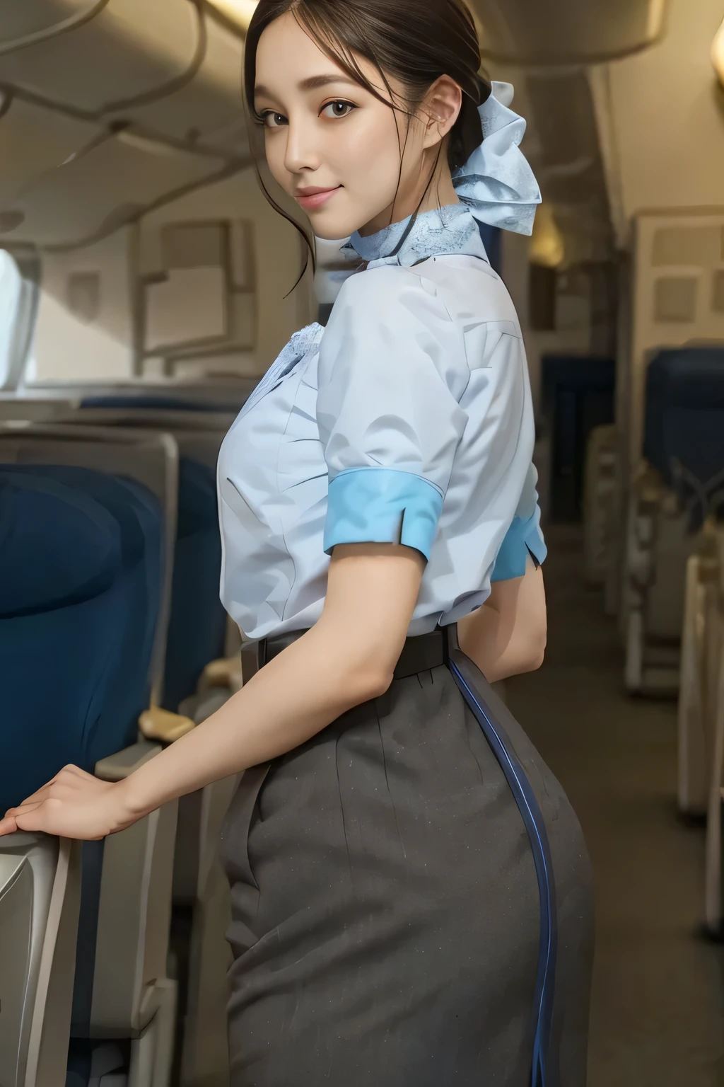 (masterpiece:1.2, Best Quality:1.2), 32K HDR, High resolution, (Alone、1 girl)、(On the roof of a building during the day、Professional Lighting)、Building rooftop background、(ANA cabincrew uniform blueを着たリアルスタイル)、((ANA cabincrew uniform blue short sleeve blouse 、 ANA cabincrew uniform blue skirt with blue line on the back、Scarf around the neck))、Dark brown hair、(Long Hair、Hair tied up、Hair tied up)、Dark brown hair、Long Shot、Big Breasts、Thin legs、((Great hands:2.0)),((Harmonious body proportions:1.5)),((Normal limbs:2.0)),((Normal finger:2.0)),((Delicate eyes:2.0)),((Normal eyes:2.0)))、smile、(ANA cabincrew uniform blueを見せた美しい後ろ姿)、Hands down