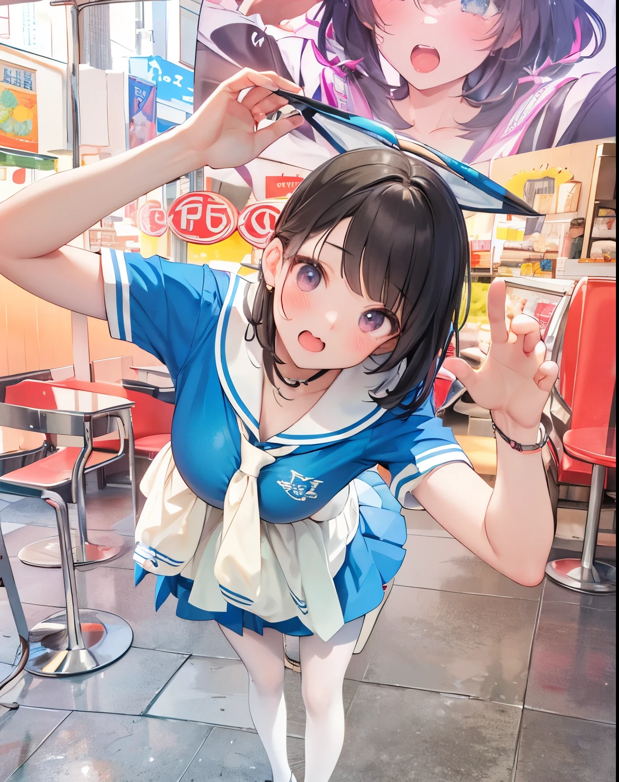 High School Girl、a miniskirt、a picture、masterpiece、top-quality、blue open sky、open legs with large breasts,,,,,,,,,,,,、(Sexy mini skirt:1.3)、Refreshing look、is standing、Face like in the photo、Brown hair、panties focus、About 30% Popsicles are melting.(Melted liquid drips onto the chest or costume)、realisticlying、realisitic、Beautiful expression、Japanese face、Raw foto、Open your mouth and lick the popsicle(The tongue is sticking out)、Sweaty