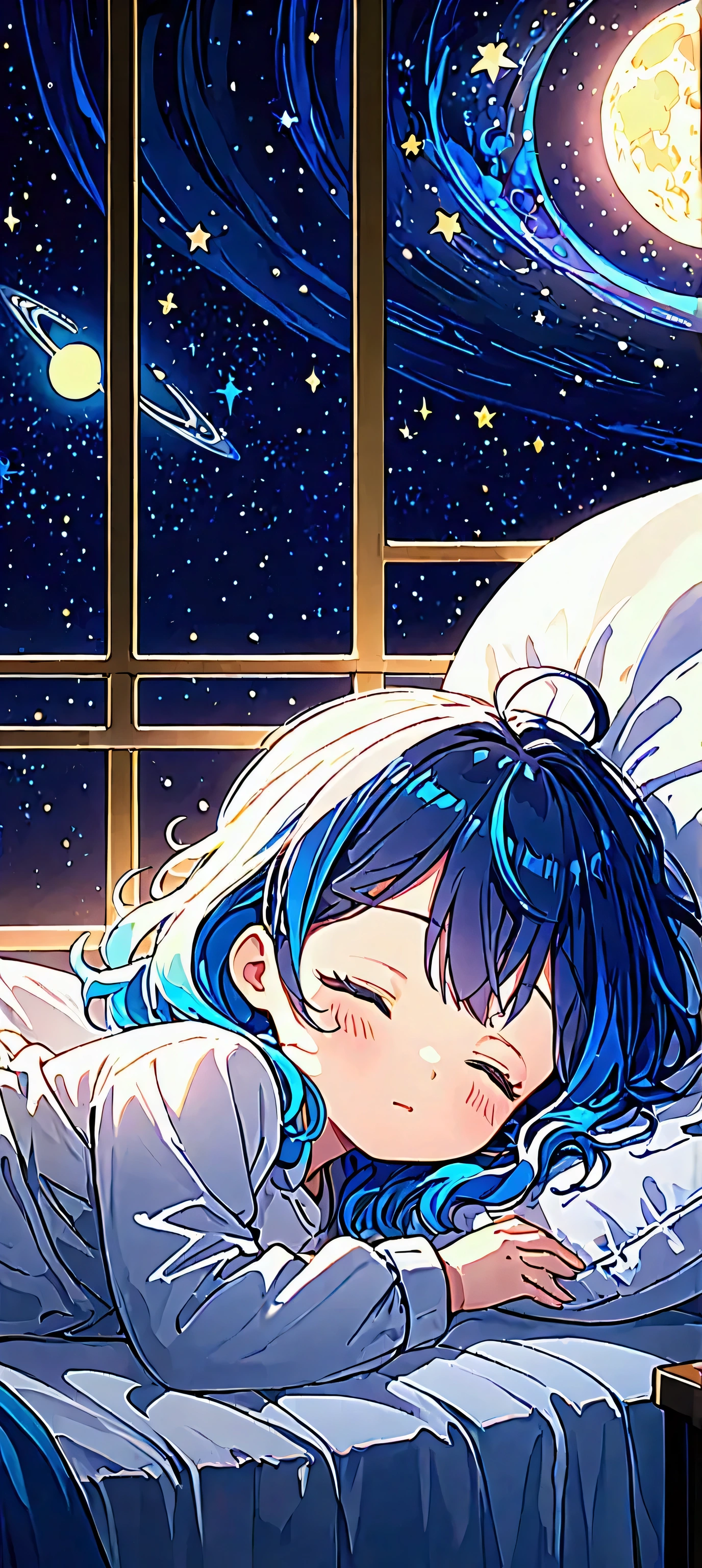 (((1girl\(cute, kawaii, small kid, cosmic hair with blue underneath, eyes closed,lying,sleeping in the soft comfortable bed\)))), cute girly room, midnight, window\( moonlight and stars and midnight town\), from side, wide angle, landscape, panoramic, anime style, cinematic, chill, lo-fi, dynamic angle, BREAK ,quality\(8k,wallpaper of extremely detailed CG unit, ​masterpiece, high resolution, top-quality, top-quality real texture skin, hyper realistic, increase the resolution, RAW photos, best quality, highly detailed, the wallpaper, cinematic lighting, ray trace, golden ratio,\)