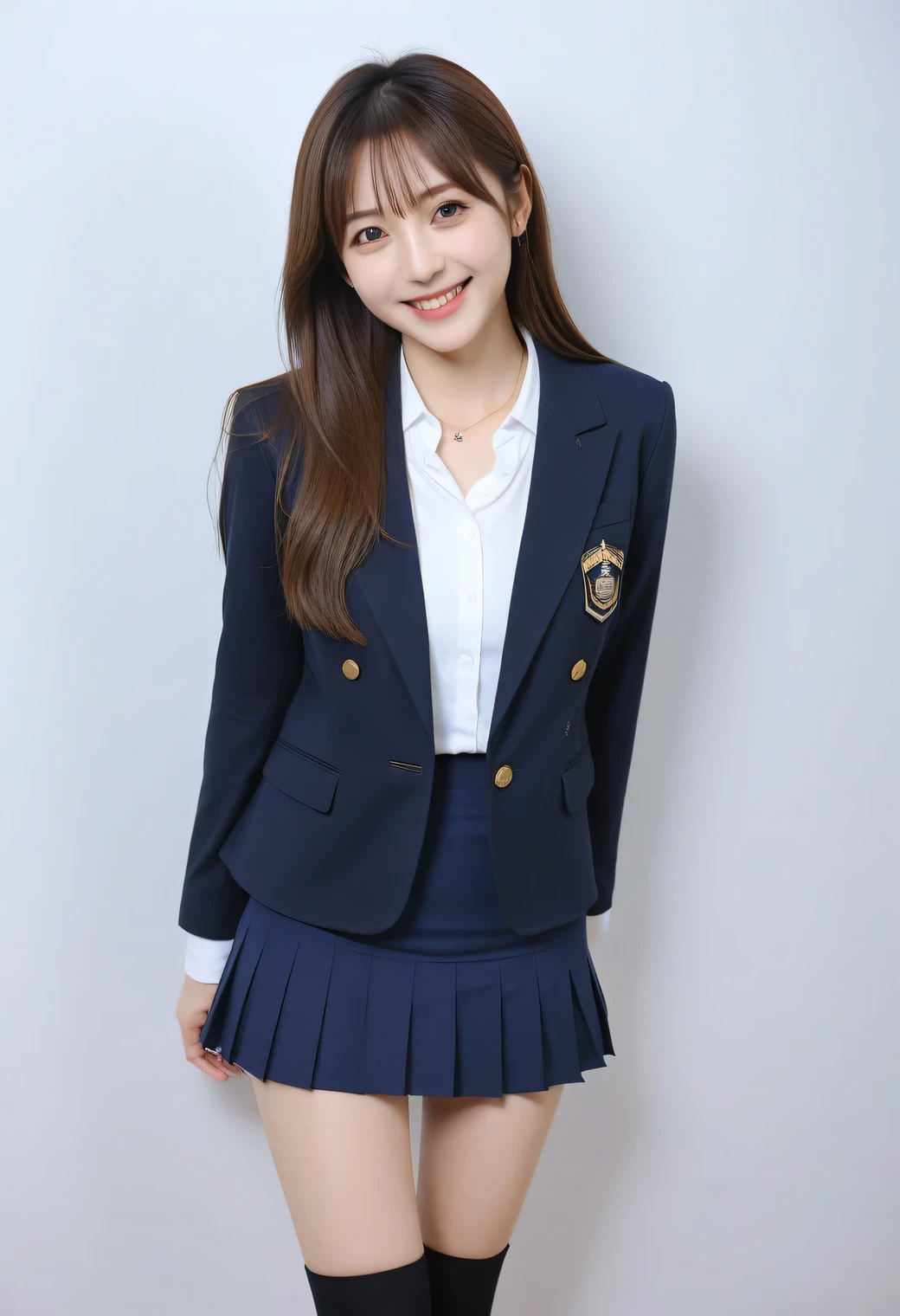 Score_9, Score_8, Score_8upScore_7, Best Quality、masterpiece、((live-action, photograph)), ((Layered Cut)), (White tight shirt、Navy Blazer、mini skirt)), Slender body, Slim face、（8k，Best Quality），Shooting from close up, Adorable， smile, Happy expression, Straight long brown hair，((Black choker))、Almond Eye、bangs、Very long eyelashes, Perfect Makeup、Portrait,  ((Japanese Idols、Very large breasts))、Very large breasts 、Big Breasts、((Cute Japanese Top Idols.))、、((Futuristic Laboratory))、The button on my shirt is about to pop off、Cleavage