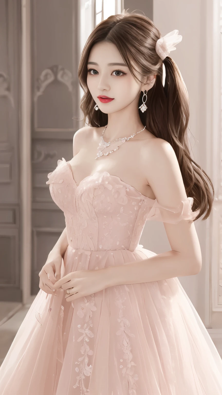 The finer details, High resolution, High image quality、Perfect dynamic composition, Beautiful and delicate eyes, Twin tail hairstyle, Beautiful breasts 、natural lipstick, face,Gods、1 girl、clear translucent skin、Shiny Hair、Pink luxury clothing、Fluffy skirt、Delicate lace、Complicated Dress、Exquisite hair accessories、Intricate Earrings、Intricate Necklace、笑face