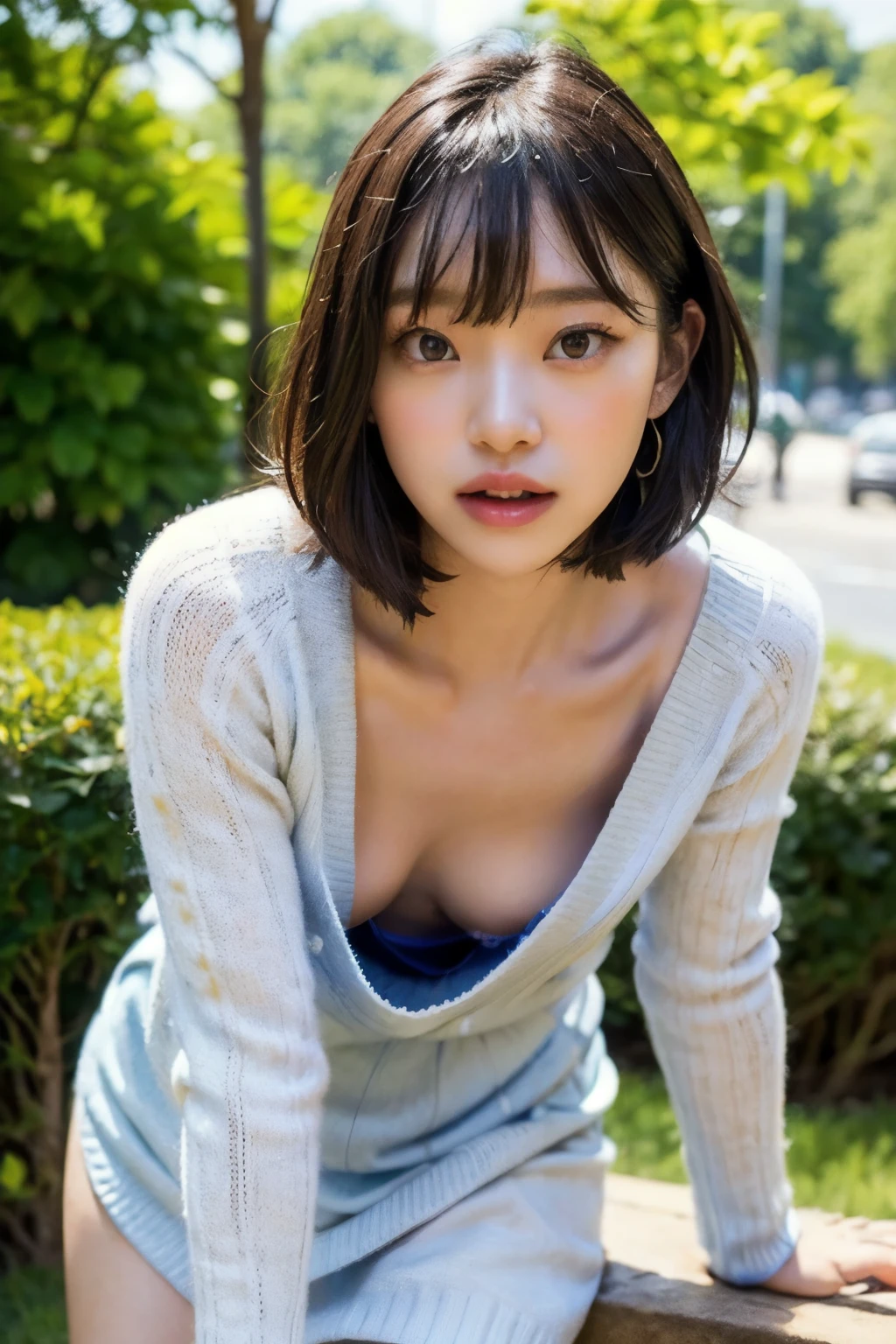 (realistic, photo-realistic:1.2), (master piece, best quality), high resolution, extremely detailed, intricate details, (sharp focus), (full body, frontal photography), solo, a Japanese young woman, (loose sweater dress, braless, downblouse, leaning forward, flat chest, poor size bust:1.3), dark hair, (short bob cut, blunt bangs), (detailed face, detailed eyes, beautiful pupils, sophisticated nose, lewdlook), pale skin, fine-textured skin, BREAK, photo background, outdoors, blue sky and clouds,