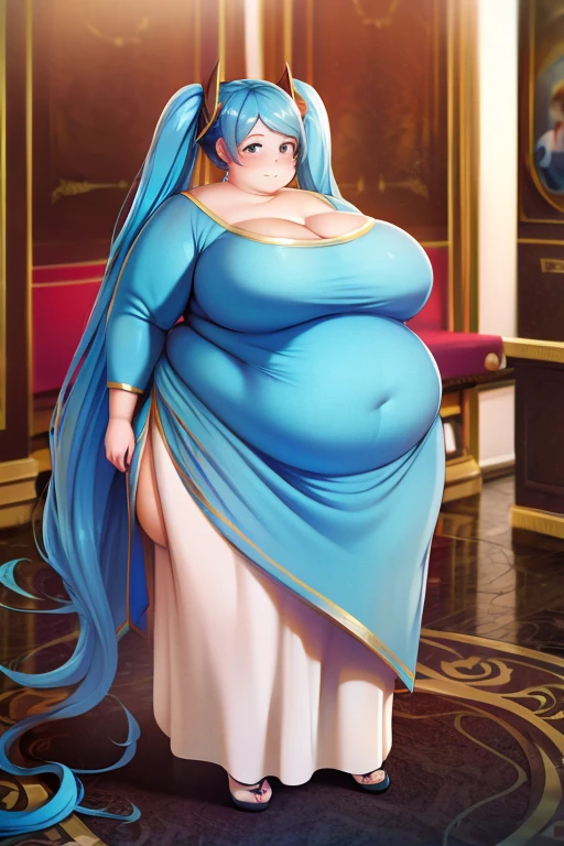 (highres, masterpiece), fat, obese, large breasts, dress, twintails, blue hair, long hair, sona buvelle, hall, fully clothed, modest clothes
