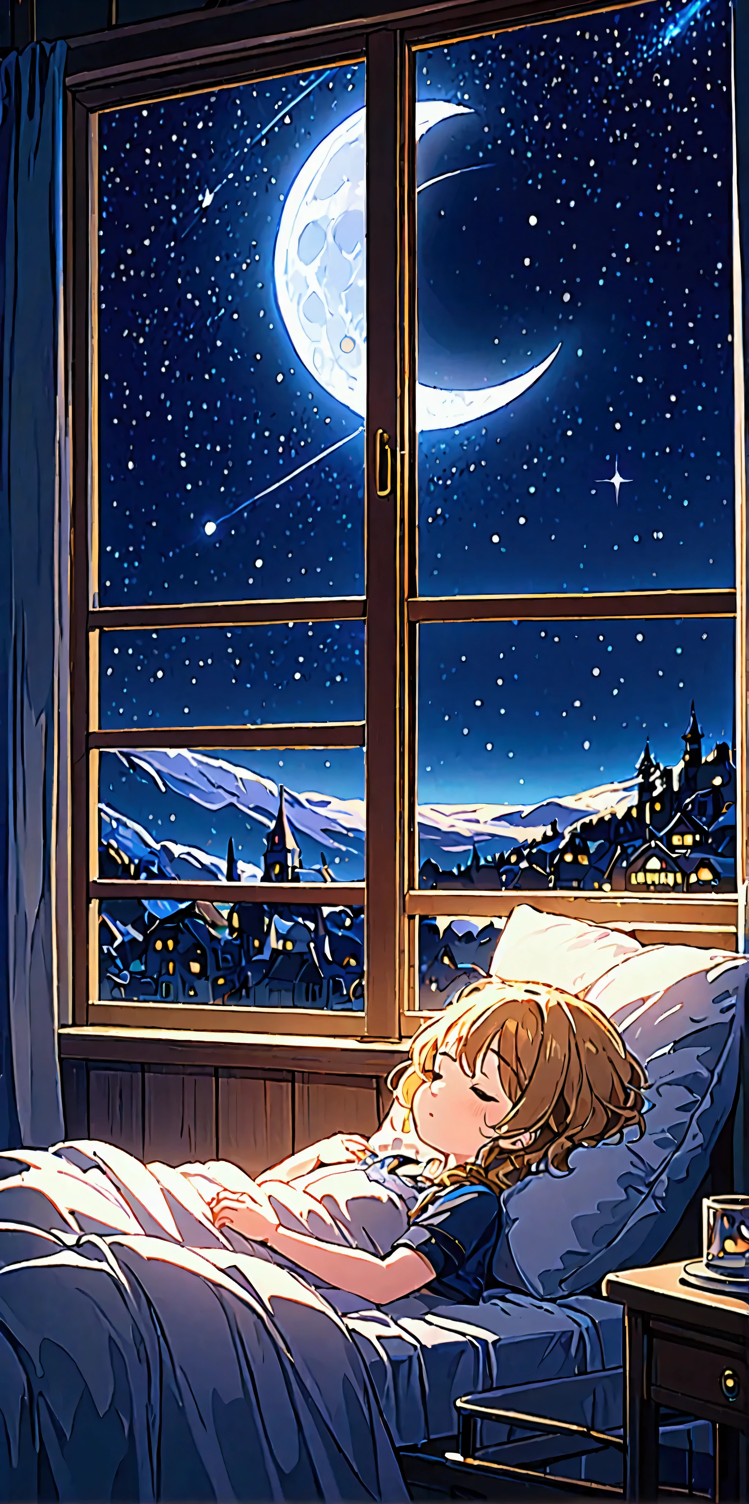 (1girl\(cute, kawaii, small kid, cosmic hair with blue underneath, eyes closed,lying,sleeping in the fluffy bed\), cute girly room, midnight, window\( moonlight and stars and midnight town\), from side, wide angle, landscape, panoramic, anime style, cinematic, chill, lo-fi, BREAK ,quality\(8k,wallpaper of extremely detailed CG unit, ​masterpiece,hight resolution,top-quality,top-quality real texture skin,hyper realisitic,increase the resolution,RAW photos,best qualtiy,highly detailed,the wallpaper,cinematic lighting,ray trace,golden ratio,\)