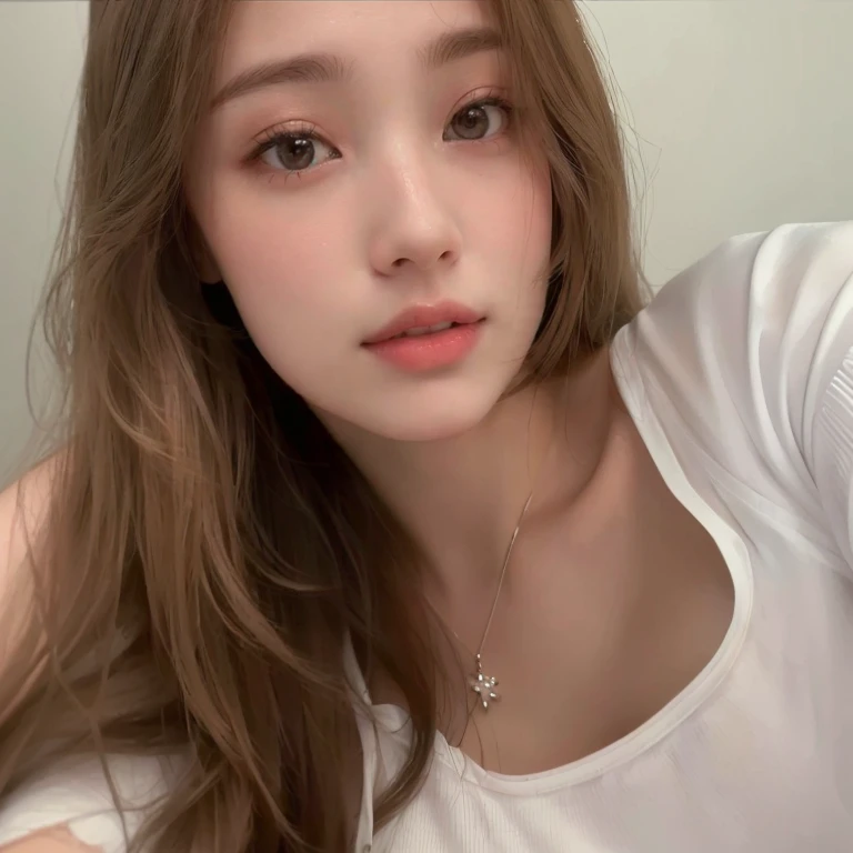 arafed woman with long hair and a white shirt posing for a picture, soft portrait shot 8 k, 8k selfie photograph, portrait sophie mudd, leaked image, lovely delicate face, pokimane, perfect face ), 2  female model, very very low quality picture, neck zoomed in from lips down, selfie of a young woman, without makeup