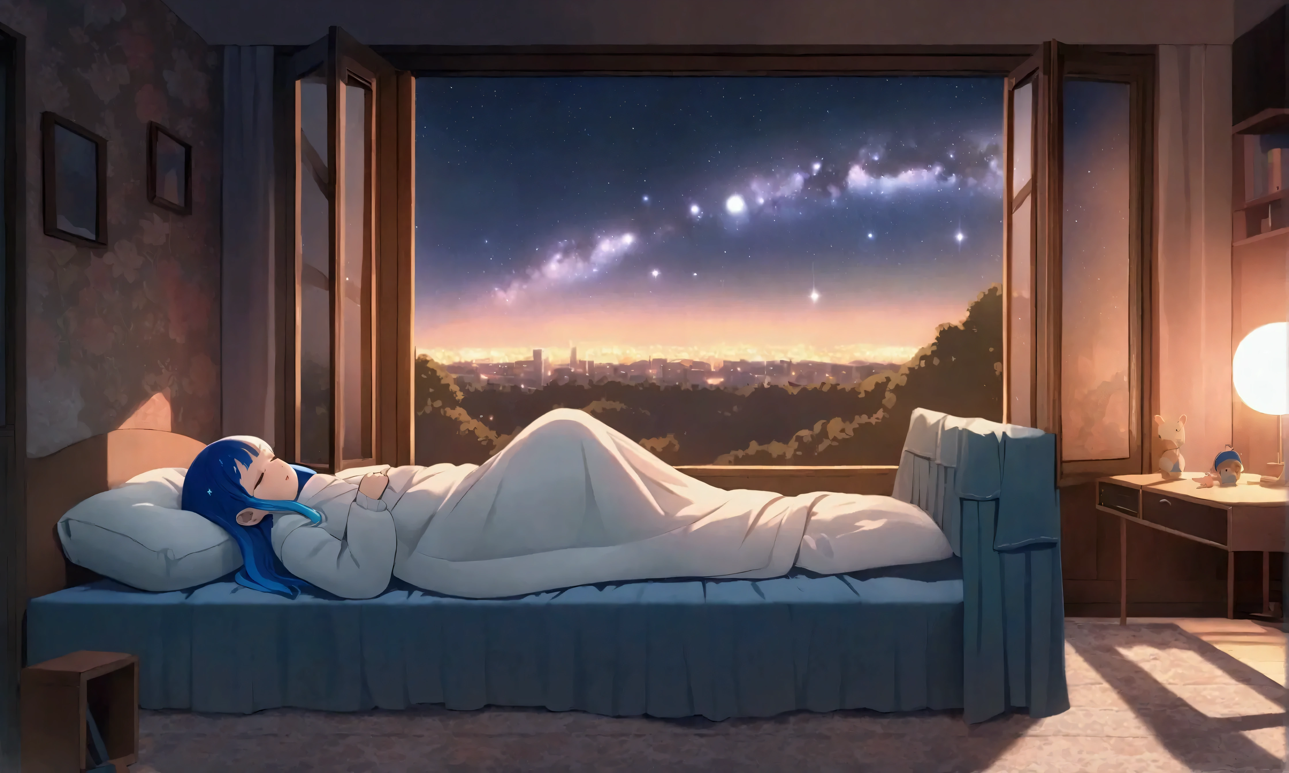 1girl\(cute, kawaii, small kid, cosmic hair with blue underneath, eyes closed,lying,sleeping in the fluffy bed\), cute girly room, midnight, window\( moonlight and stars and midnight town\), from side, wide angle, landscape, panoramic, anime style, cinematic, chill, lo-fi, BREAK ,quality\(8k,wallpaper of extremely detailed CG unit, ​masterpiece,hight resolution,top-quality,top-quality real texture skin,hyper realisitic,increase the resolution,RAW photos,best qualtiy,highly detailed,the wallpaper,cinematic lighting,ray trace,golden ratio,\)