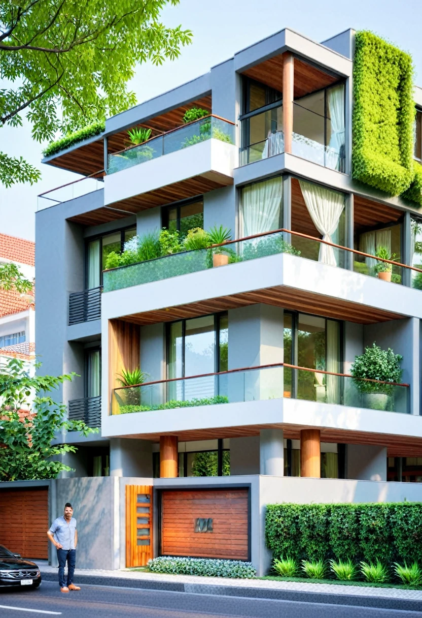 The house has a modern design, Glass as main material, create a feeling of solidity and spaciousness. Spacious balcony on each floor combined with green trees brings living space close to nature. Wooden slats help adjust light and create privacy for spaces., there is a car in front of the road