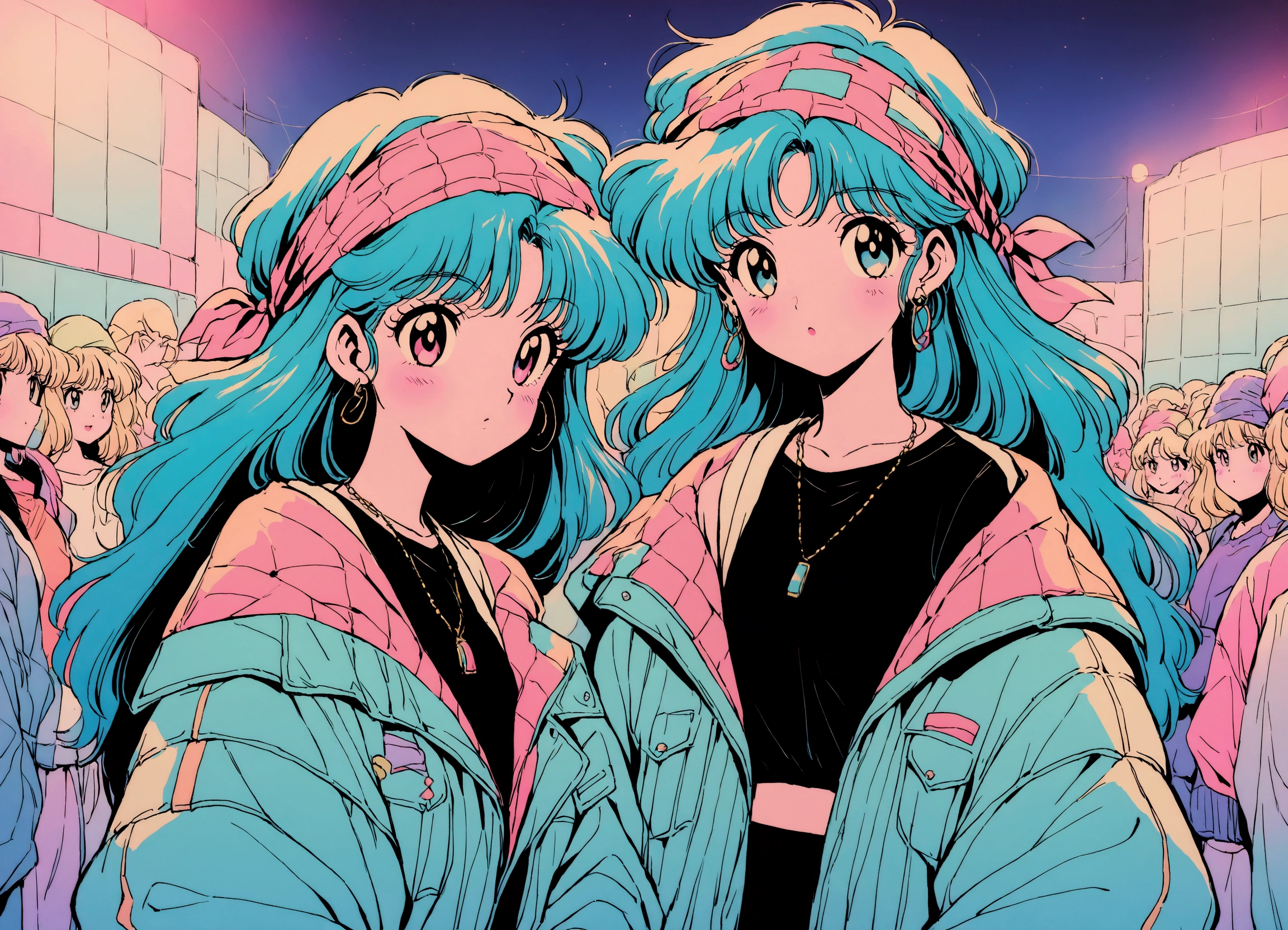 Two beautiful girls、80s anime style, Dancing at a midnight rave,Retro, Lo-Fi, Wearing a bandana and baggy clothes、A lot of people、90s rave fashion, Fancy Background