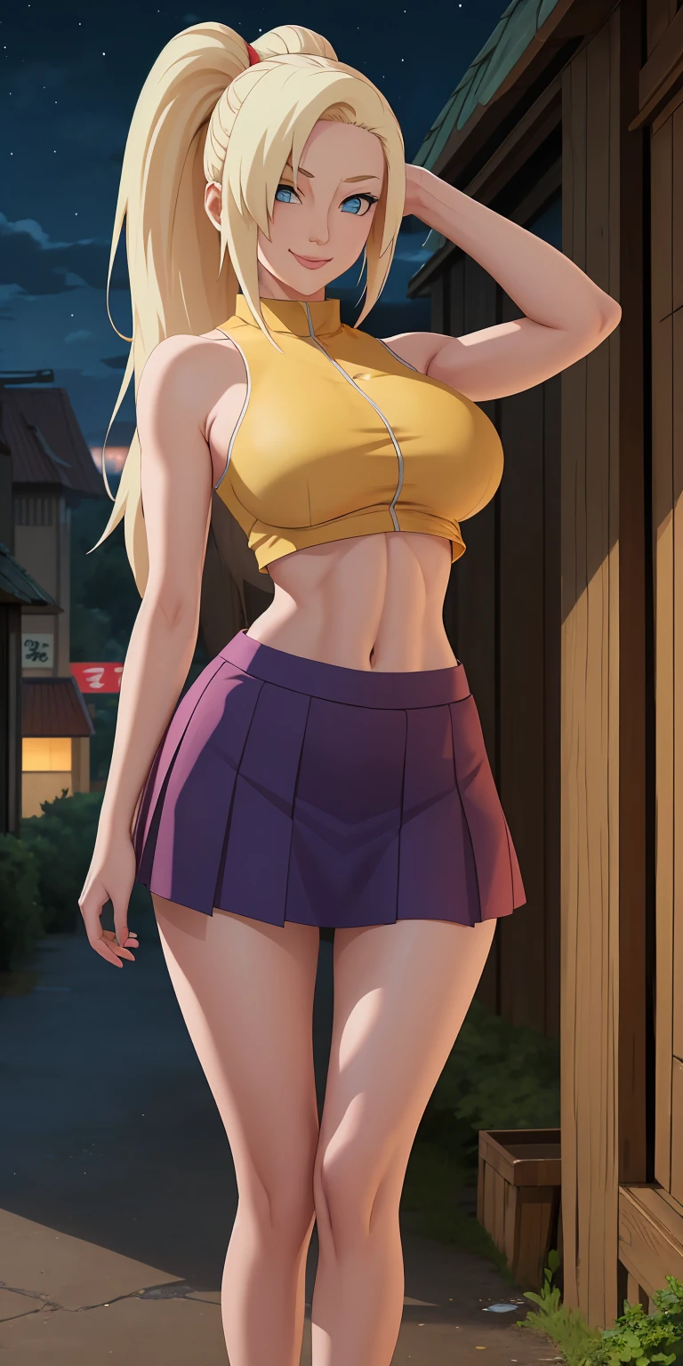 masterpiece, best quality, extremely detail 8k cg, high resolution, 1girl, solo, mature female, Skirt_InoYamanaka_ownwaifu, blonde hair, blue eyes, hair over one eye, large breasts, long hair, ponytail, crop top, midriff, miniskirt, bare shoulders, bow, purple skirt, sleeveless, yellow shirt, titsonastick, skindentation, bare shoulders, thigh gap, seductive expression, smirk, beautiful face, night time, konohavillage, medium full shot