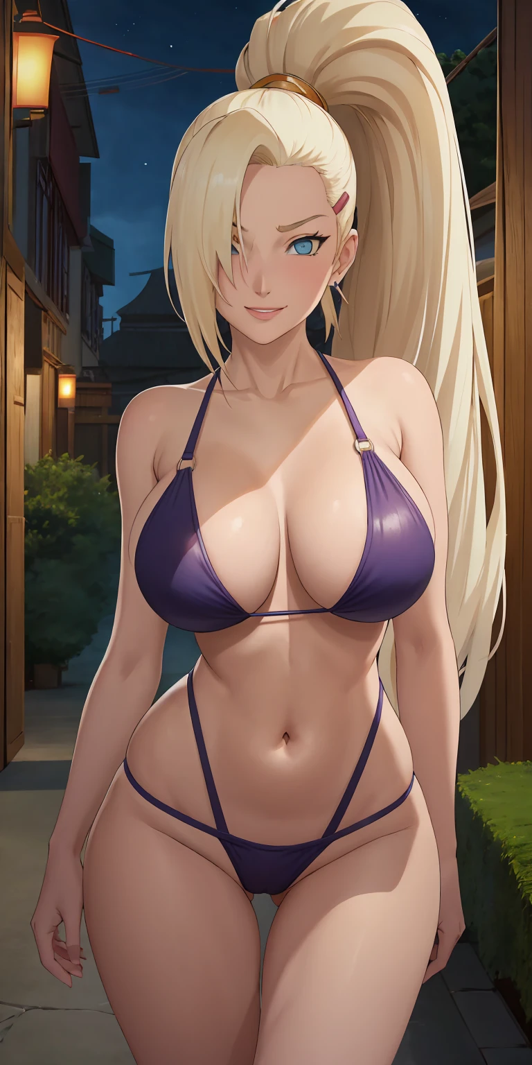 masterpiece, best quality, extremely detail 8k cg, high resolution, 1girl, solo, mature female, Misc_InoYamanaka_ownwaifu, blonde hair, hair over one eye, blue eyes, high ponytail, ponytail, long hair, hairclip, hair ornament, earrings, collarbone, large breasts, swimsuit, bikini, thigh gap, cleavage, navel, titsonastick, night time, outdoors, konohavillage, beautiful face, seductive expression, smirk, medium full shot 