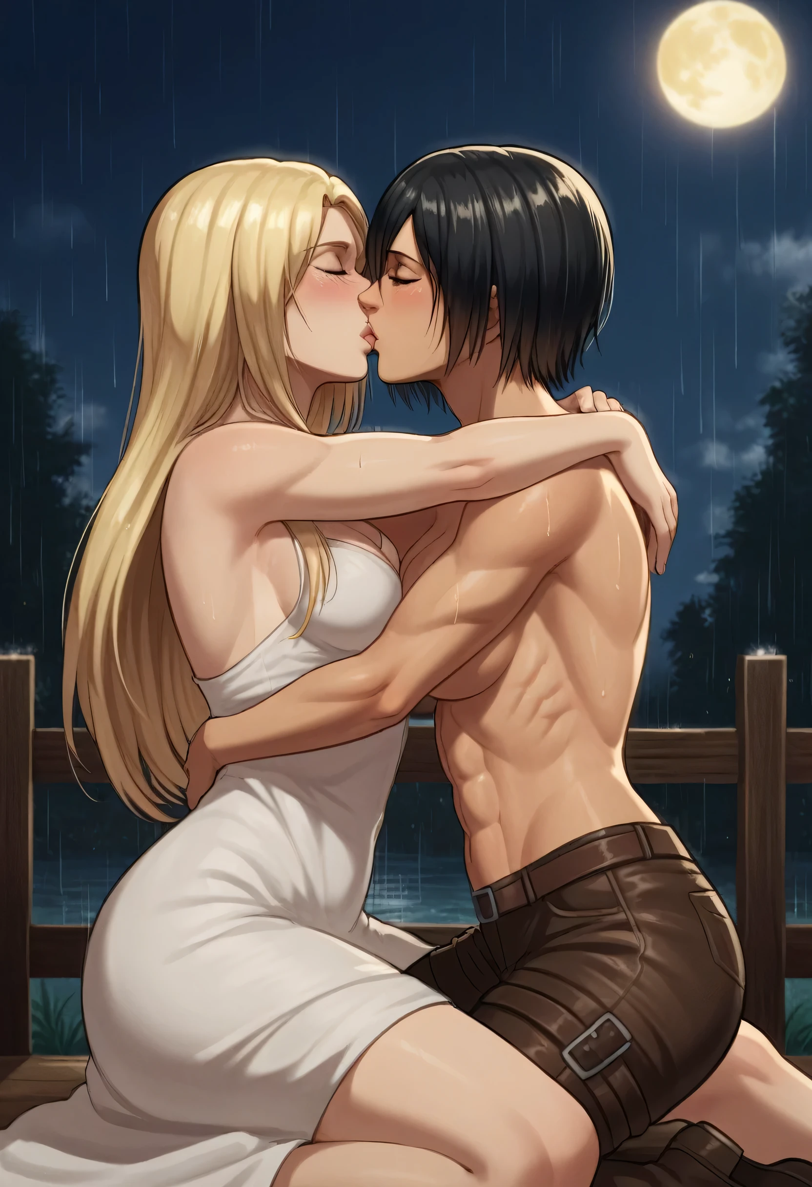 score_9, score_8_up, score_7_up, BREAK source_anime, historia reiss, blue eyes, blonde hair, long hair, medium breasts, long white dress sleeveless,female black hair soldier hugs historia,Mikasa with historia hugs,mikasa wreanig open green jacket and black combat pants,Mikasa female with short hair,mikasa female medium breasts,eyes closed,in night,moon in sky,mikasa final season,mikasa,Mikasa hugs historia،mikasa femboy,mikasa final season,historia blonde hair,hugs and kissing,mikasa carrying historia and kissing her,Mikasa lifts Historia up and kisses her.in middle night,raining outside,mikasa final season,girls kissing,girl×girl,lesbians,yuri,romantic wallpapers,historia sitting on mikasa and kissing her,Mikasa in both hands touch historia ass, raining,wet body's,water dropped on mikasa and historia body's,mikasa final season design,character's from season 4,historia crying while kissing mikasa,crying both,one of Historia hands touch mikasa abs,romantic kissing,mikasa abs appear in her open jacket,historia blonde long hair skinny and soft and cute body,mikasa lean muscles body,mikasa pixie cut hairstyle,perfect generates 