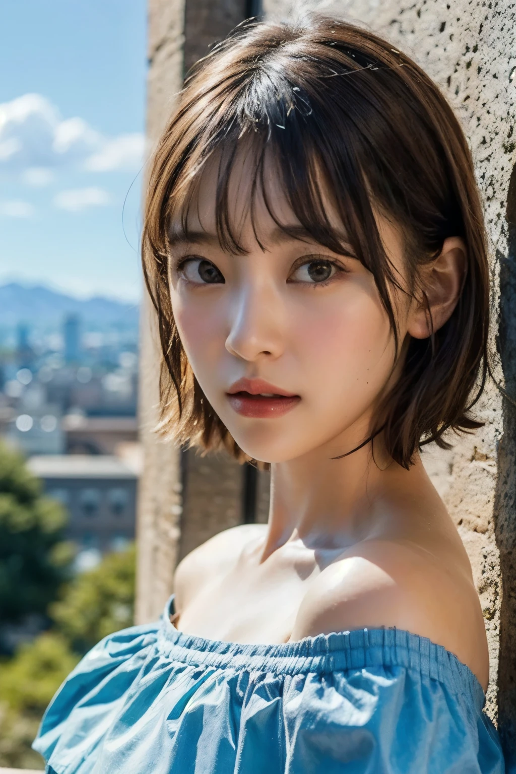 (realistic, photo-realistic:1.2), (master piece, best quality), high resolution, extremely detailed, intricate details, (sharp focus), (profile, face focus), (view from side:1.5), solo, a Japanese young woman, (off shoulder dress, strapless, collarbone:1.2), (flat chest, poor size bust:1.3), dark hair, (short bob cut, blunt bangs), (detailed face, detailed eyes, beautiful pupils, sophisticated nose, lewdlook), pale skin, fine-textured skin, BREAK, photo background, outdoors, blue sky and clouds,