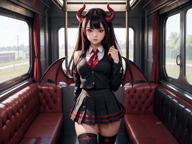 ((perfect image)), ((perfect face)), ((ultra detailed)), ((perfect body)), ((1succubus)), ((teenager )), ((school uniform)), ((Seifuku Preto)), a girl with a demon tail, with horns, with big demon wings, shoulder length hair, black hair with red highlights, (red highlights), sexy student, in a train car, over the knee socks, big breasts