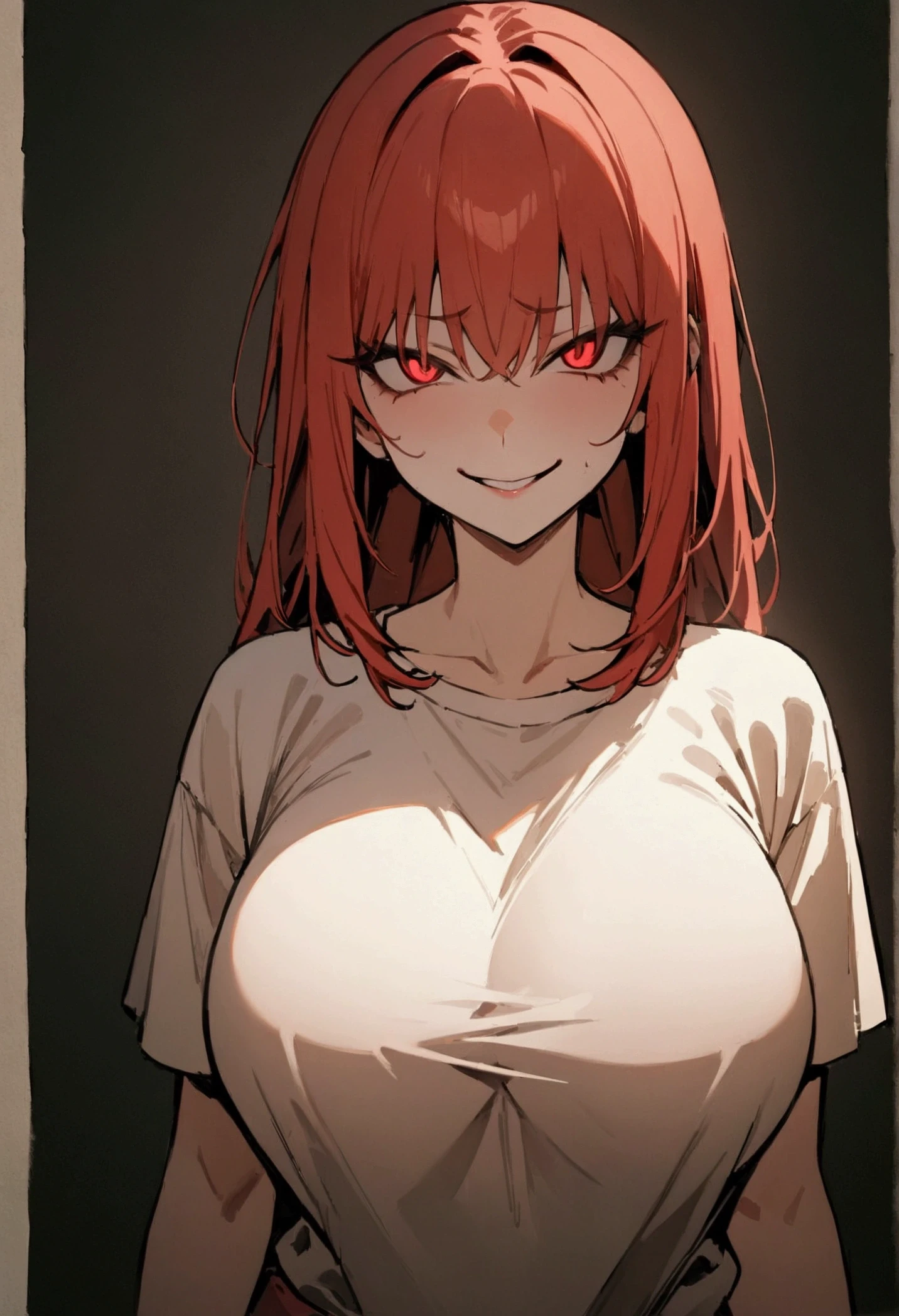 (masterpiece:1.2, The best quality), 1 woman, The whole body, t-shirt, casual, big breasts,long red hair, Minimalist makeup,pale,natural fabrics, Close-up of the face, evil smile, bright red eyes circular pupils,8k high resolution, detailed lines, ((The whole body))