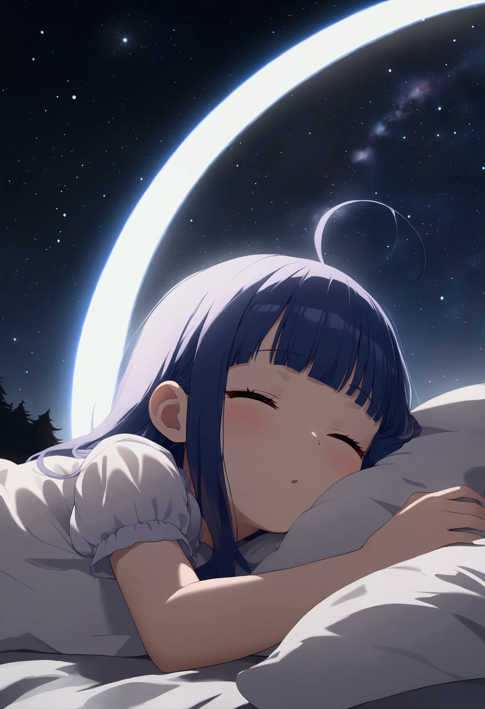 1girl\(cute, kawaii, cosmic hair with blue underneath, eyes closed,lying,sleeping in the fluffy bed\), cute girly room, midnight, window\( moonlight and stars and midnight town\), from side, wide angle, landscape, panoramic, anime style, cinematic, chill, lo-fi, BREAK ,quality\(8k,wallpaper of extremely detailed CG unit, ​masterpiece,hight resolution,top-quality,top-quality real texture skin,hyper realisitic,increase the resolution,RAW photos,best qualtiy,highly detailed,the wallpaper,cinematic lighting,ray trace,golden ratio,\)