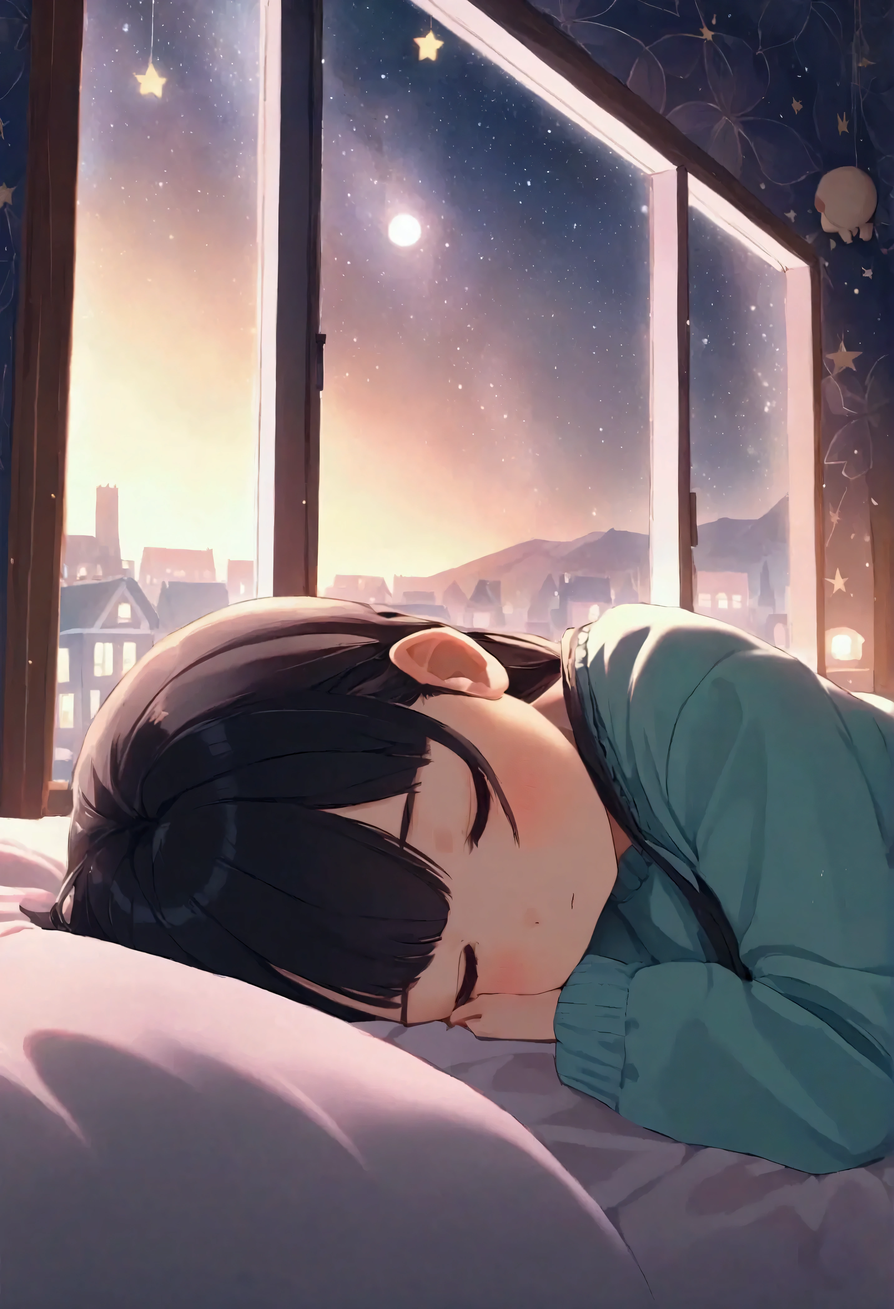 1girl\(cute, kawaii, small kid, cosmic hair with blue underneath, eyes closed,lying,sleeping in the fluffy bed\), cute girly room, midnight, window\( moonlight and stars and midnight town\), from side, wide angle, landscape, panoramic, anime style, cinematic, chill, lo-fi, BREAK ,quality\(8k,wallpaper of extremely detailed CG unit, ​masterpiece,hight resolution,top-quality,top-quality real texture skin,hyper realisitic,increase the resolution,RAW photos,best qualtiy,highly detailed,the wallpaper,cinematic lighting,ray trace,golden ratio,\)