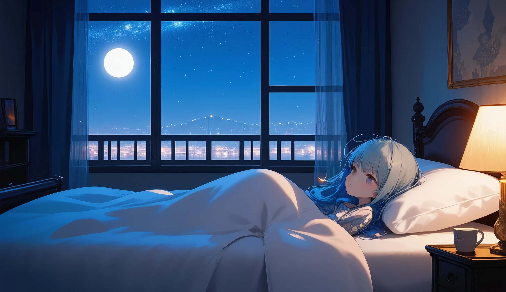 1girl\(cute, kawaii, small kid, cosmic hair with blue underneath, eyes closed,\) lying and sleeping in the fluffy bed, cute girly room, midnight, from window can see moonlight and stars and midnight town, camera view from side, wide angle lends, landscape, panoramic lends, anime style, cinematic, chill, lo-fi