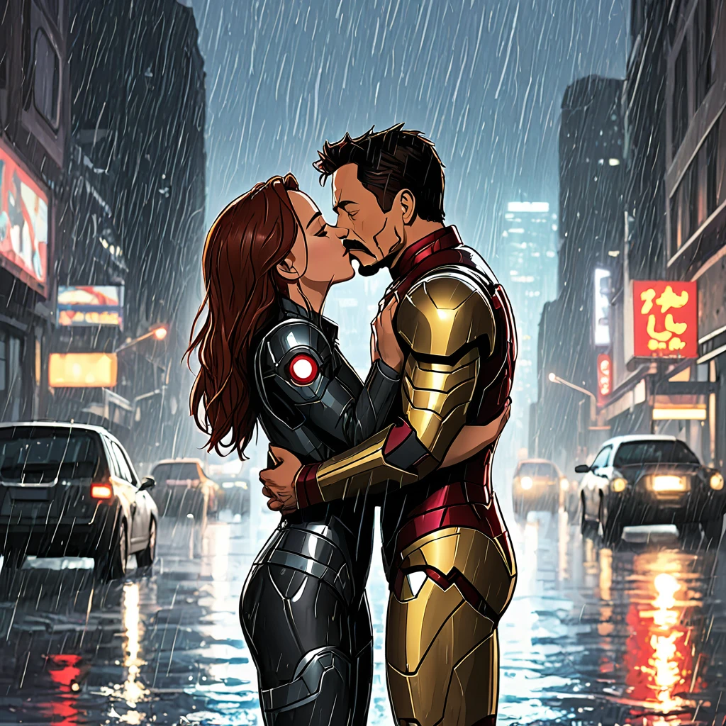 Masterpiece, Natasha Romanoff kissing Tony Stark (who wears an iron man armor but without the head part), city at night, rain, DETAILED, high quality 