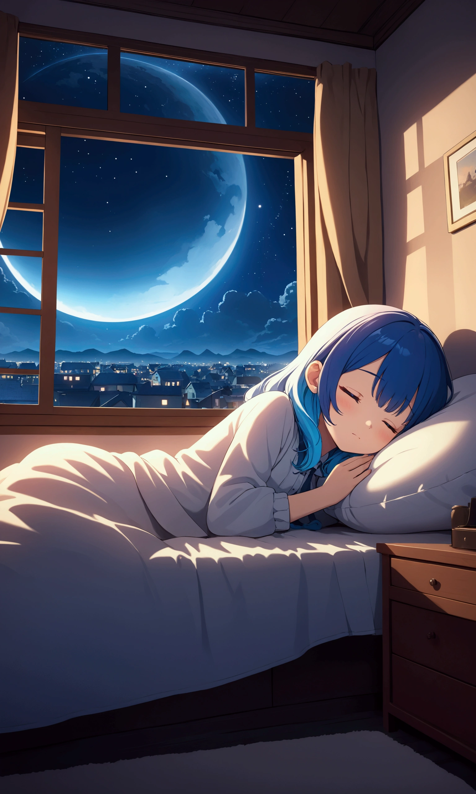 1girl\(cute, kawaii, cosmic hair with blue underneath, eyes closed,lying,sleeping in the fluffy bed\), cute girly room, midnight, window\( moonlight and stars and midnight town\), from side, wide angle, landscape, panoramic, anime style, cinematic, chill, lo-fi, BREAK ,quality\(8k,wallpaper of extremely detailed CG unit, ​masterpiece,hight resolution,top-quality,top-quality real texture skin,hyper realisitic,increase the resolution,RAW photos,best qualtiy,highly detailed,the wallpaper,cinematic lighting,ray trace,golden ratio,\)