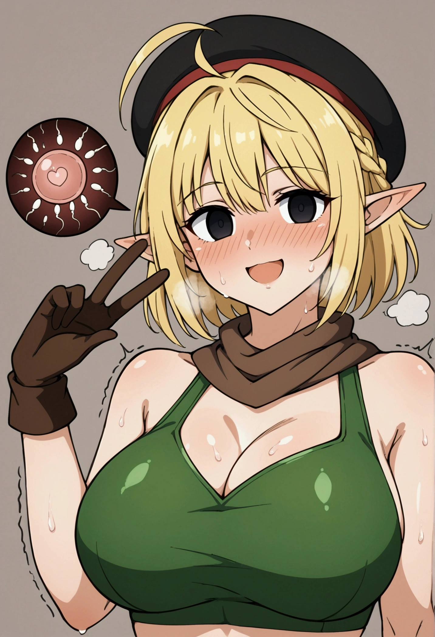 Parisian,1woman,elf,short hair,french braid,braid,Blonde,(slender),ahoge,empty eyes,black eyes、big breasts,brown gloves,black elbow globes,(small black beret)、Brown scarf、green crop top,sleeveless,impregnation, speed lines, trembling, motion lines, shaking,love,happy,steam,heavy breathing,sweaty body,looking at viewer,aroused、Drunken,drugged、Drunk、peace sign、face focus,NSFW