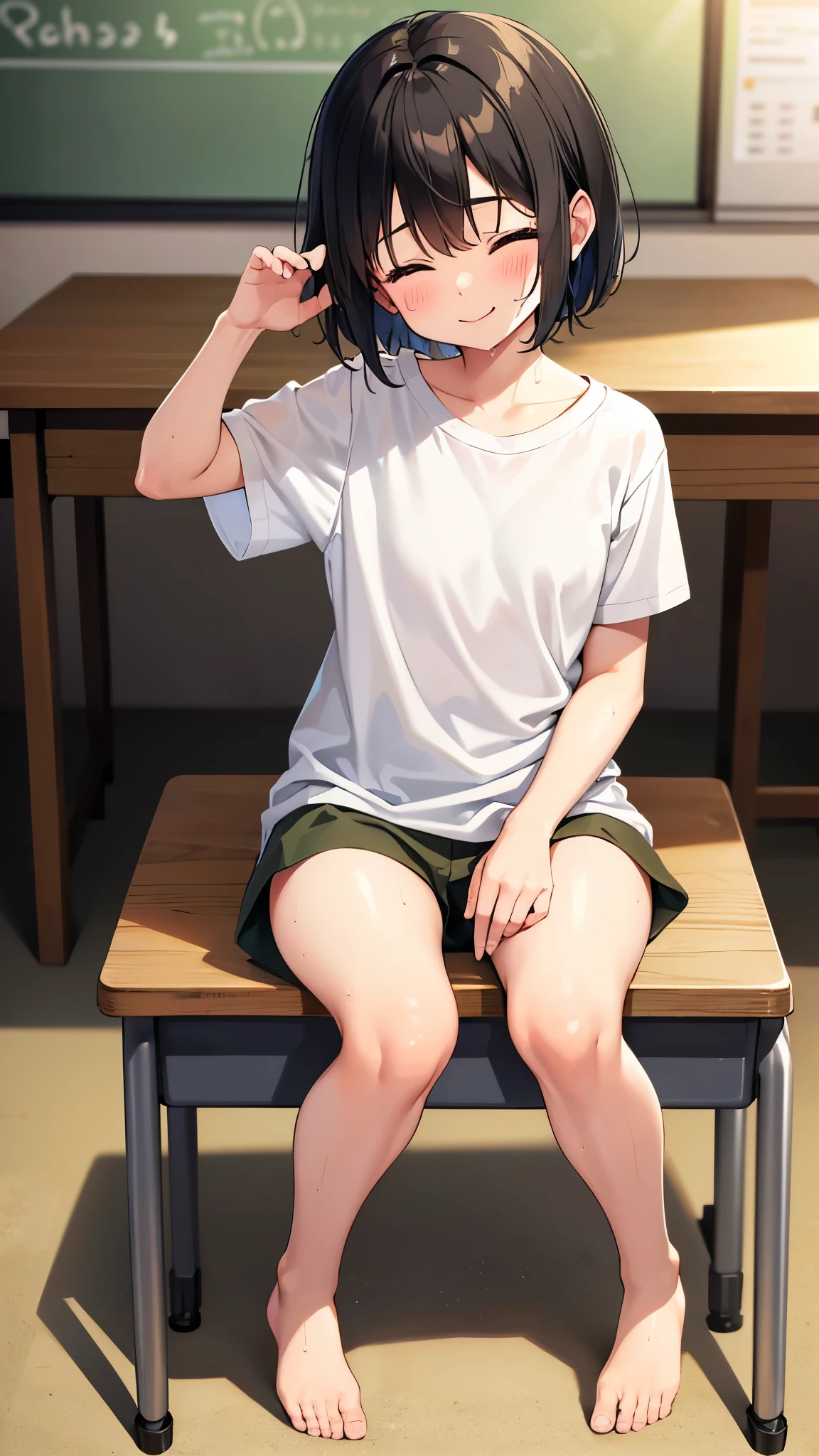 Anime girl sitting on a bench in front of a chalkboard - SeaArt AI