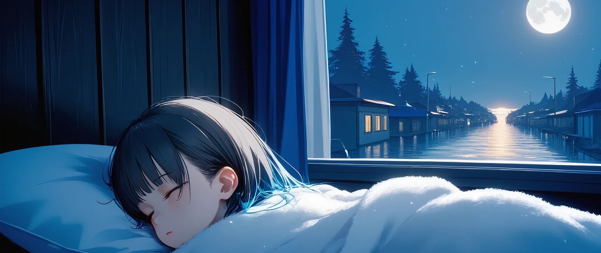 1girl\(cute, kawaii, small kid, cosmic hair with blue underneath, eyes closed,\) sleeping in the fluffy bed, cute girly room, midnight, from window can see moonlight and stars and midnight town, camera view from side, wide angle lends, landscape, panoramic lends, anime style, cinematic, chill, lo-fi