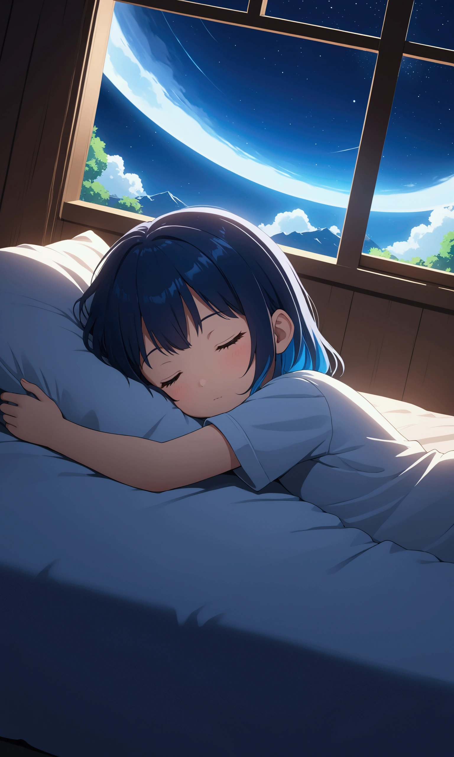 1girl\(cute, kawaii, cosmic hair with blue underneath, eyes closed,lying,sleeping in the fluffy bed\), cute girly room, midnight, window\( moonlight and stars and midnight town\), from side, wide angle, landscape, panoramic, anime style, cinematic, chill, lo-fi, BREAK ,quality\(8k,wallpaper of extremely detailed CG unit, ​masterpiece,hight resolution,top-quality,top-quality real texture skin,hyper realisitic,increase the resolution,RAW photos,best qualtiy,highly detailed,the wallpaper,cinematic lighting,ray trace,golden ratio,\)