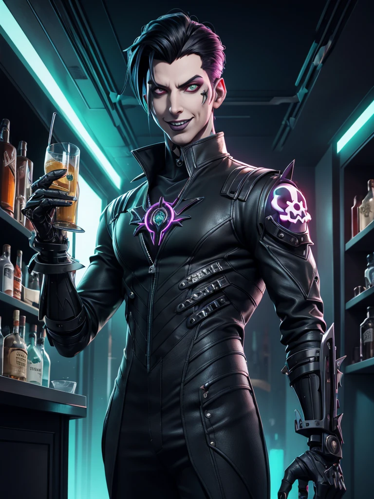 A male Chiss from Star Wars. Space Pirate style, (blue skin), (red eyes), (short black hair), drinking and gambling