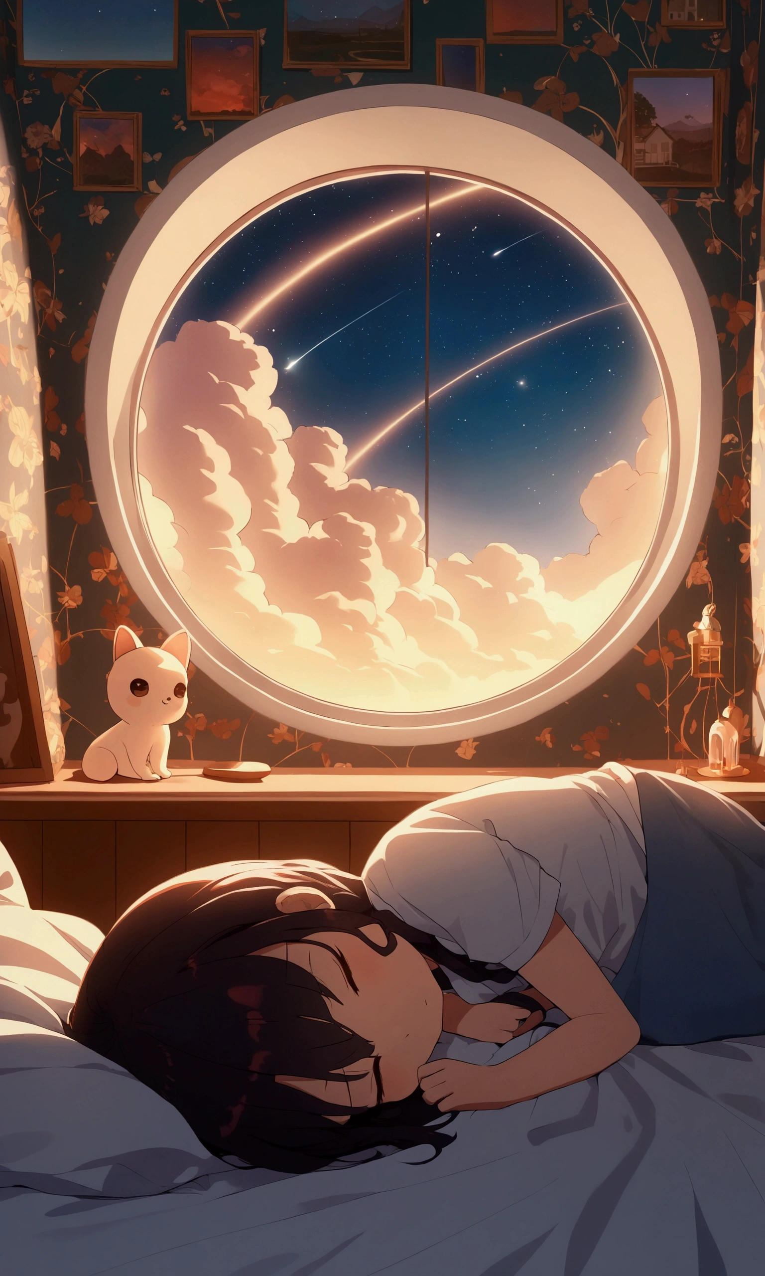 1girl\(cute, kawaii, small kid, cosmic hair with blue underneath, eyes closed,lying,sleeping in the fluffy bed\), cute girly room, midnight, window\( moonlight and stars and midnight town\), from side, wide angle, landscape, panoramic, anime style, cinematic, chill, lo-fi, BREAK ,quality\(8k,wallpaper of extremely detailed CG unit, ​masterpiece,hight resolution,top-quality,top-quality real texture skin,hyper realisitic,increase the resolution,RAW photos,best qualtiy,highly detailed,the wallpaper,cinematic lighting,ray trace,golden ratio,\)