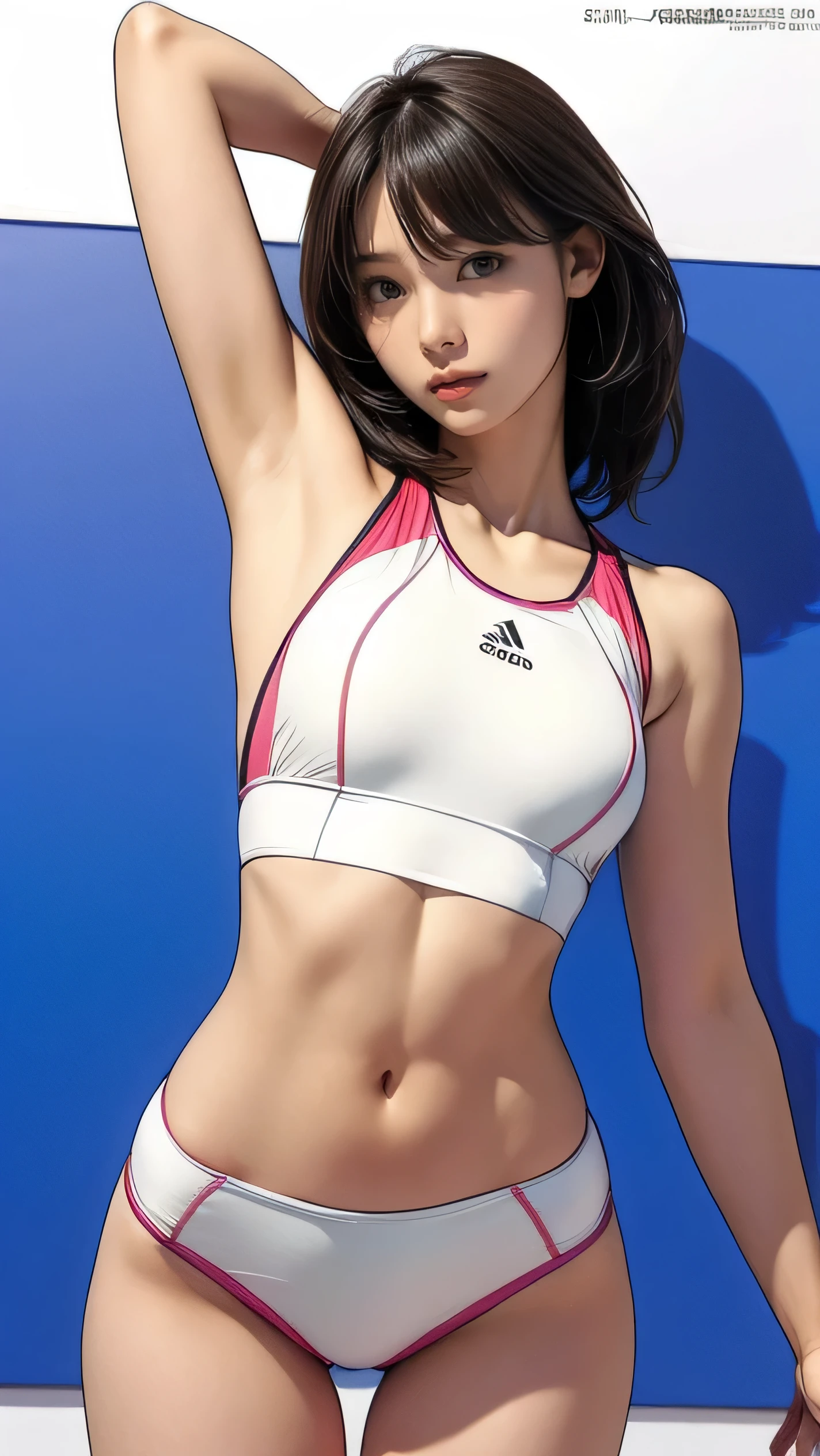 8K, RAW photos, best quality, masterpiece, Practical, Reality, (1 extreme beauty), 36 years old, Gorgeous,The face is rich in detail, (Perfect Teeth), Delicate eyes, double eyelids, eyelash, Grin, Lip detail, Brown Hair Bob, Natural breasts, ((Sexy Japanese volleyball)), ((White sexy sports briefs))Soft Light, ((Written border depth)) 、all、Stick out your ass、legs spread、slim body、Inverted Nipple, High Jump Jacket,Sports bra,Leaked out,