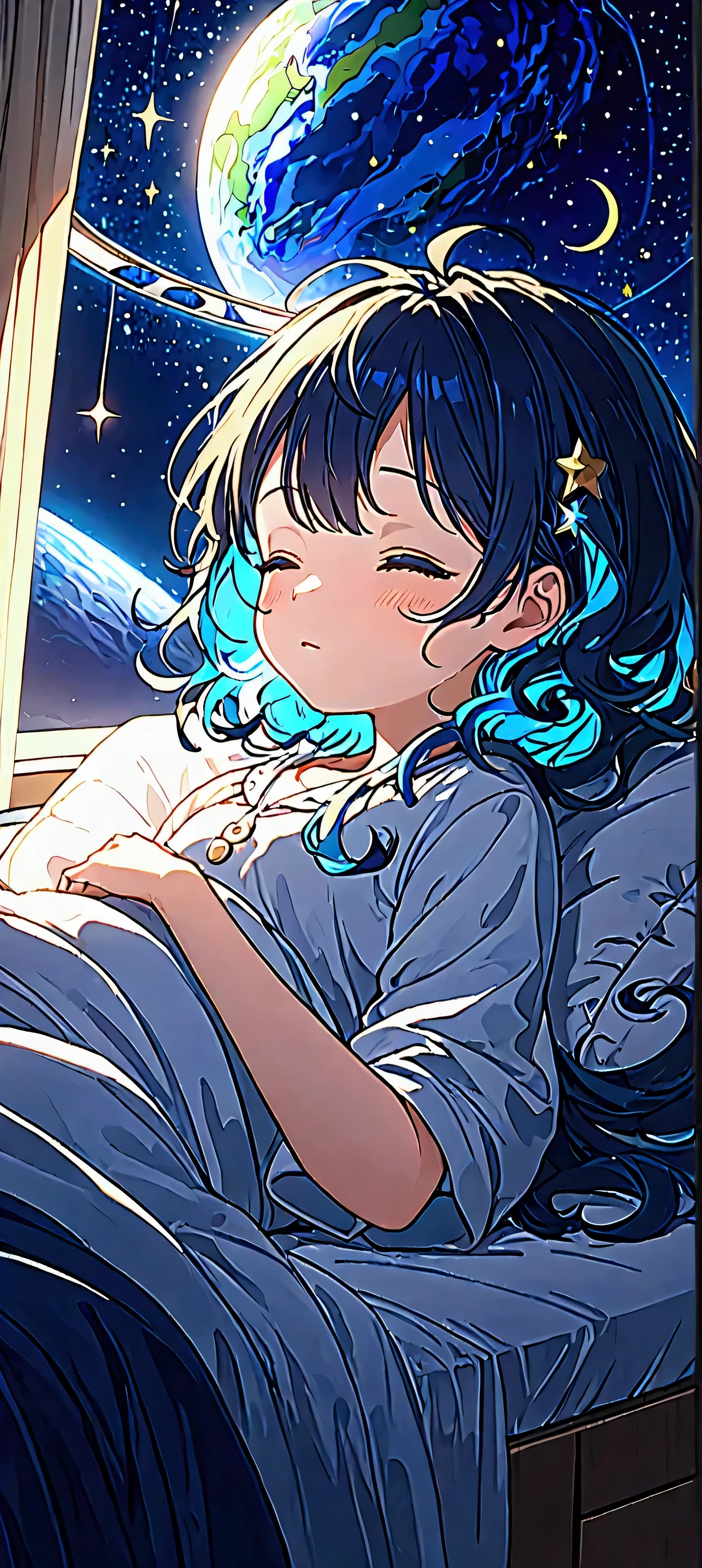 (((1girl\(cute, kawaii, small kid, cosmic hair with blue underneath, eyes closed,lying,sleeping in the soft comfortable bed\)))), cute girly room, midnight, window\( moonlight and stars and midnight town\), from side, wide angle, landscape, panoramic, anime style, cinematic, chill, lo-fi, dynamic angle, BREAK ,quality\(8k,wallpaper of extremely detailed CG unit, ​masterpiece, high resolution, top-quality, top-quality real texture skin, hyper realistic, increase the resolution, RAW photos, best quality, highly detailed, the wallpaper, cinematic lighting, ray trace, golden ratio,\)