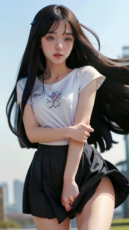 (((Innocent and cute junior high school student))), (The strong wind made her skirt flutter:1.4), ((I can see your underwear:1.5)), Beautiful Bob Hair, Immersion, Beautiful eyes, Ultra high resolution, ((Thin thighs:1.3, Inner thigh:1.4)), Slender body lines, ((Tight waist:1.2)), (Japanese Idol, Baby Face,  beautiful girl), (Perfect anatomical structure:1.2), Beautiful breasts, (highest quality、highest quality、masterpiece、Ultra high resolution、Reality:1.37), (Detailed eyes and face:1.3、Professional Photography Tips)、(Good Hand、The right action:1.1)、((Beautiful long hair and skirt fluttering in the wind:1.4))