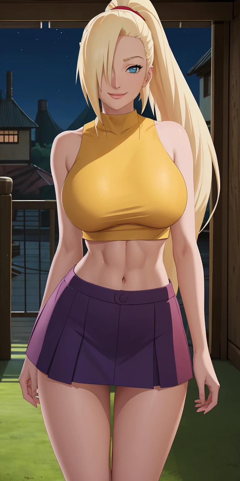 masterpiece, best quality, extremely detail 8k cg, high resolution, 1girl, solo, mature female, Skirt_InoYamanaka_ownwaifu, blonde hair, blue eyes, hair over one eye, large breasts, long hair, ponytail, crop top, midriff, miniskirt, bare shoulders, bow, purple skirt, sleeveless, yellow shirt, titsonastick, skindentation, bare shoulders, thigh gap, seductive expression, smirk, beautiful face, night time, konohavillage, medium full shot