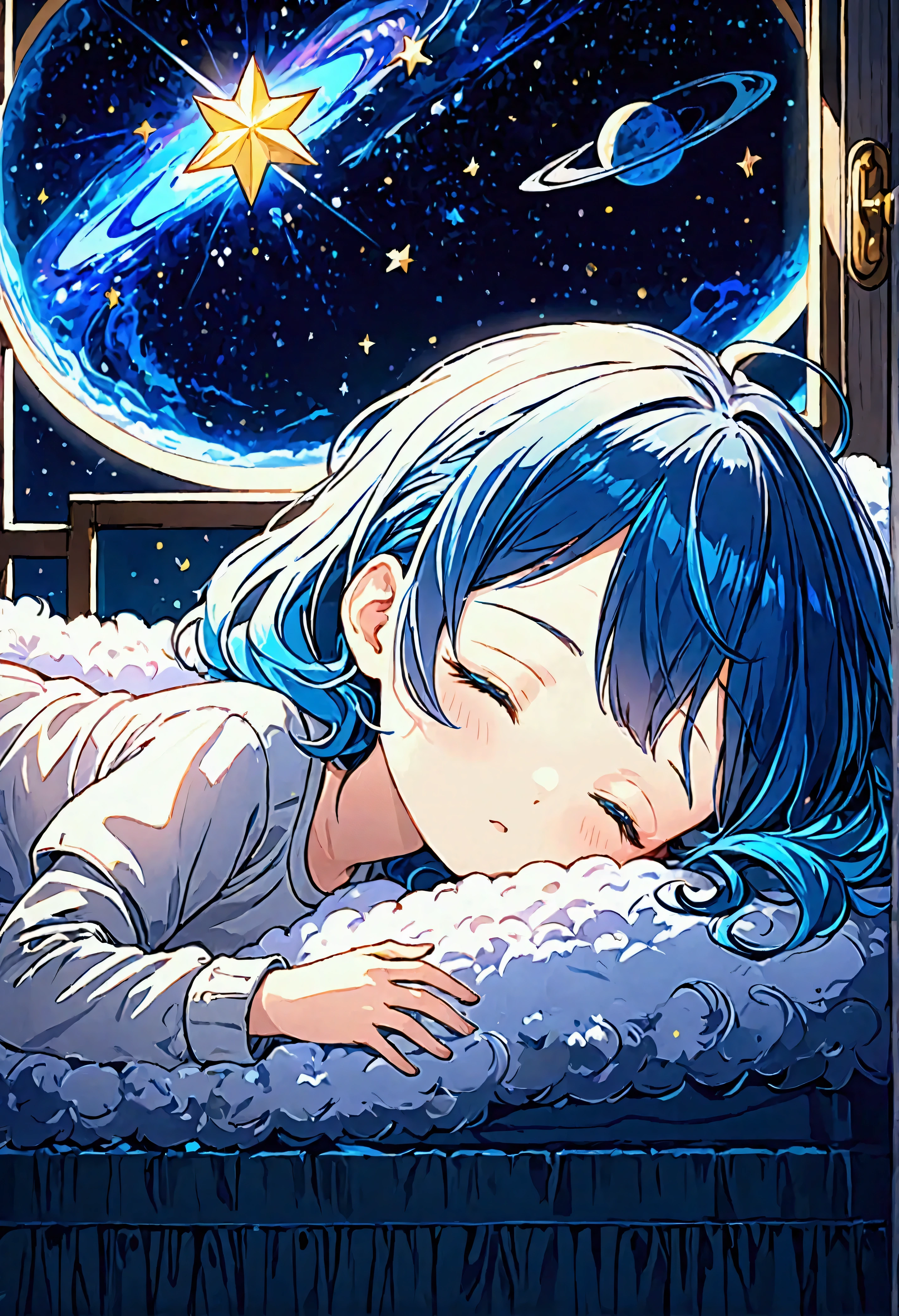 (((1girl\(cute, kawaii, small kid, cosmic hair with blue underneath, eyes closed,lying,sleeping in the fluffy bed\)))), cute girly room, midnight, window\( moonlight and stars and midnight town\), from side, wide angle, landscape, panoramic, anime style, cinematic, chill, lo-fi, BREAK ,quality\(8k,wallpaper of extremely detailed CG unit, ​masterpiece,hight resolution,top-quality,top-quality real texture skin,hyper realisitic,increase the resolution,RAW photos,best qualtiy,highly detailed,the wallpaper,cinematic lighting,ray trace,golden ratio,\)