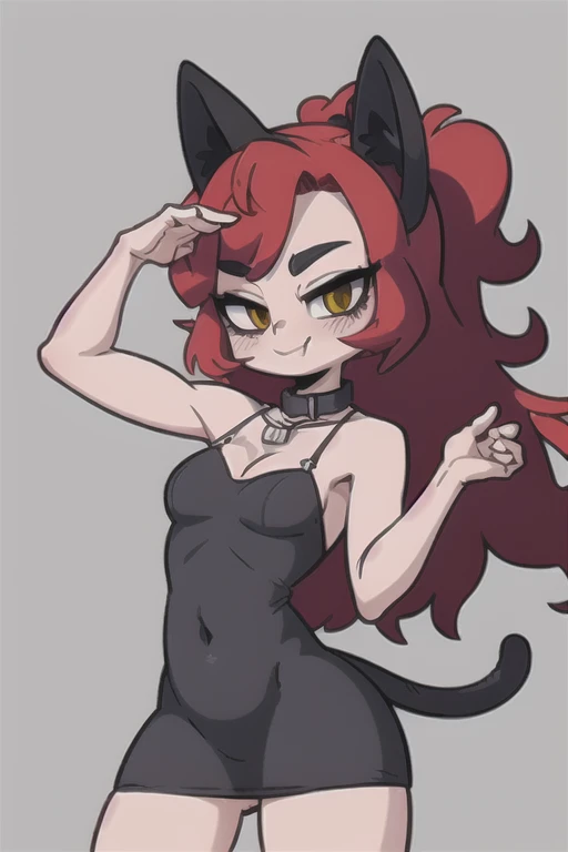 (best quality, masterpiece),
 furry, cat girl, cat ears,  black kawaii sundress, cat tail, naughty face, seductive smile, collar, 
 red hair, wavy hair, cute pose,  