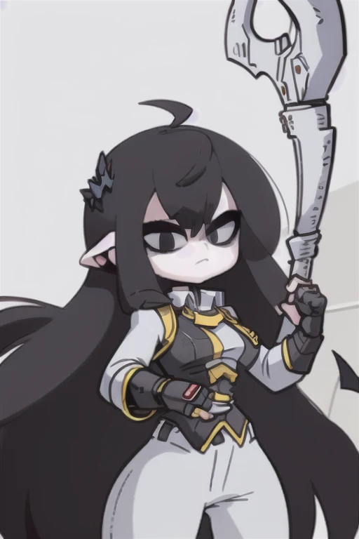  1male, solo, bigchest, feminine, white skin, white eyes, black sclera, ahoge, absurdly long hair, white hair, expressionless, white gauntlets, Holding Scythe, black scythe, inky scythe, hair over eyes, hair between eyes, (white jacket:1.1), Electric, energetic