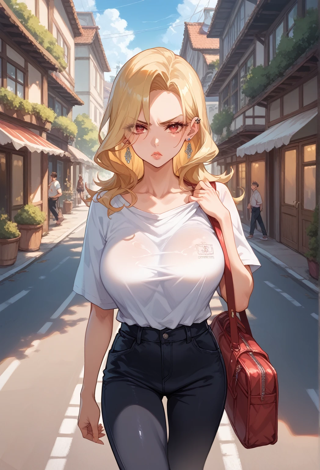 masterpiece,High resolution,Highest quality,8k, detailed hands, detailed lips, detailed eyes, detailed breasts, detailed crotch, detailed body (1 female,Long blonde Hair,large breasts, slightly thick thighs, red eyes, toned body, 15-year-old-female, ear piercing) (Gakuran top, black pants, skintight, clothes stretch) Middle of town, walking down road, scowl, glistening lips