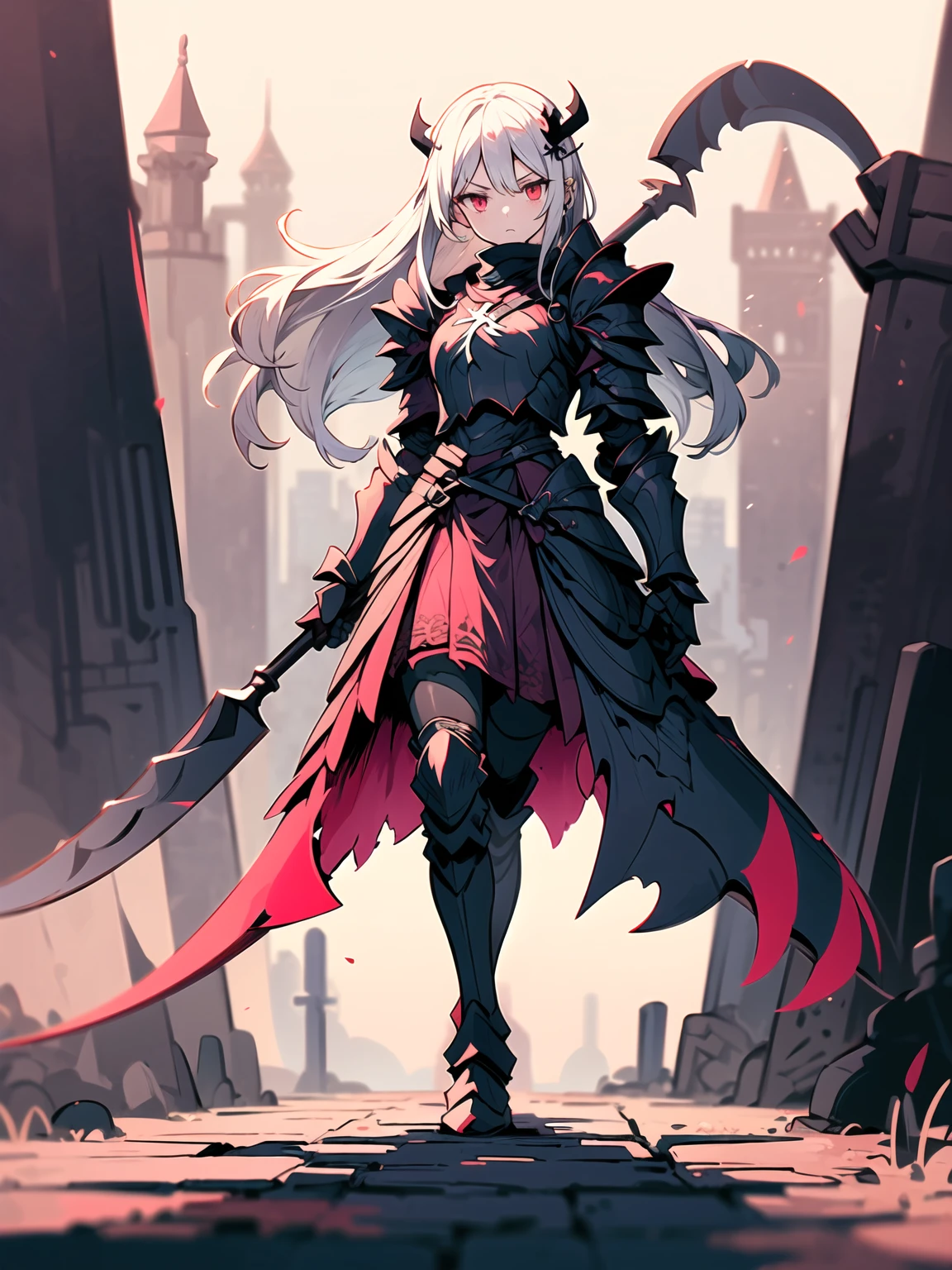 (((Masterpiece, best quality, 16k))) female character with long white hair and piercing red eyes. She wears a demonic armor in purple, black, and white. wields a large, stylized scythe. The character has a menacing expression, with a chaotic environment as the background. ((full body front view)). ((slender)), (extremely detailed:1.5), (long white hair:1.2), (piercing red eyes:1.2), (chaotic environment:1.1), (demonic armor:1.3), (stylized scythe:1.3).