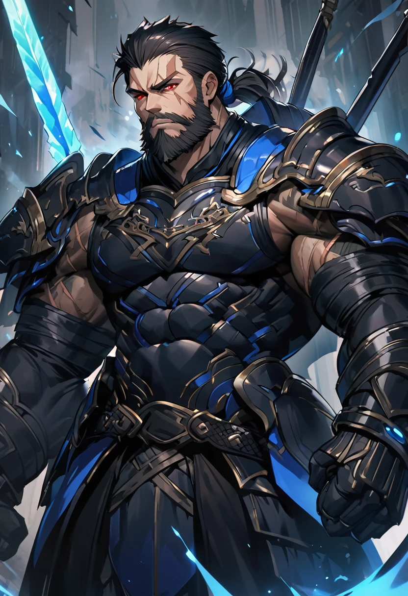 Appearance: Murdock has intense red eyes and long black hair tied in a ponytail. He has a beard and a scar on his left cheek. He is tall and muscular, with an intimidating appearance. He wears black leather armor with blue accents, and carries two blue swords on his back, 8k high definition