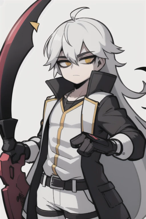  1male, solo, bigchest, feminine, white skin, white eyes, black sclera, ahoge, absurdly long hair, white hair, expressionless, white gauntlets, Holding Scythe, black scythe, inky scythe, hair over eyes, hair between eyes, (white jacket:1.1), Electric, energetic