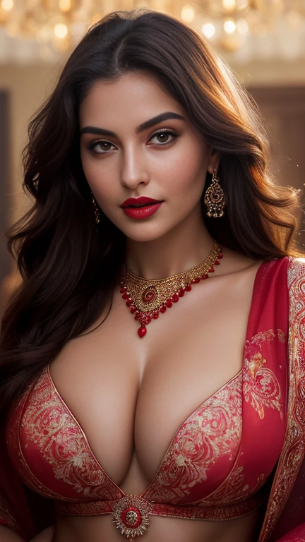 ((Full Open )) perfect pink eyes, fantastic face, Indian, beautiful look, ((red lips, bright eyes, curve heir 1.5)), ((beautiful details very big breast )), (Straight round and ultra huge clevage, not sagging breast), A glorious gorgeous, glorious gorgeous face, pretty face, bright eyes, detailed elegant printed red saree, updo elegant hair, blurred gray tones background, ultra focus, face illuminated, face detailed, 8k resolution, painted, dry brush, brush strokes, razumov style and garmash style, sexy long hair erotic looks princess like hair beautyful women , sexy face mascara red lips sexy hair style full body front face nipples show 