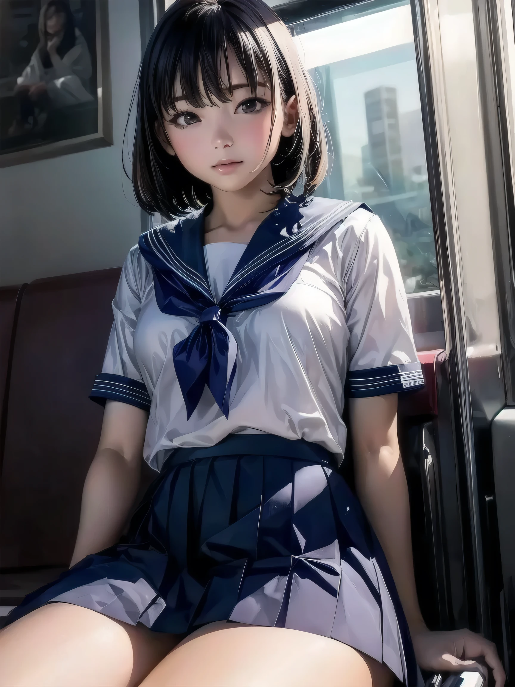 "(masterpiece, High resolution, Ultra High resolution, 4K) ,Japanese Girls , Uniform skirt, Accentuate your thighs, Soft thighs, Great thighs, Sitting on a train, Facing angle, (Angle from below),sitting on a train seat,sitting in front,Crotch Zoom Camera,Put your feet on the train,whole body,Looking down sleepily,Only watching the audience", Please redeem, White underwear is visible,超High resolution, (Realistic:1.4),, High resolution, detailed, RAW Photos, Shapuri, Nikon D850 film stock photo by Lee Jefferies 4 Kodak Portra 400 camera F1.6 lens rich colors hyper Realistic lively textures dramatic lighting unreal engine artstation trends cinestir 800,