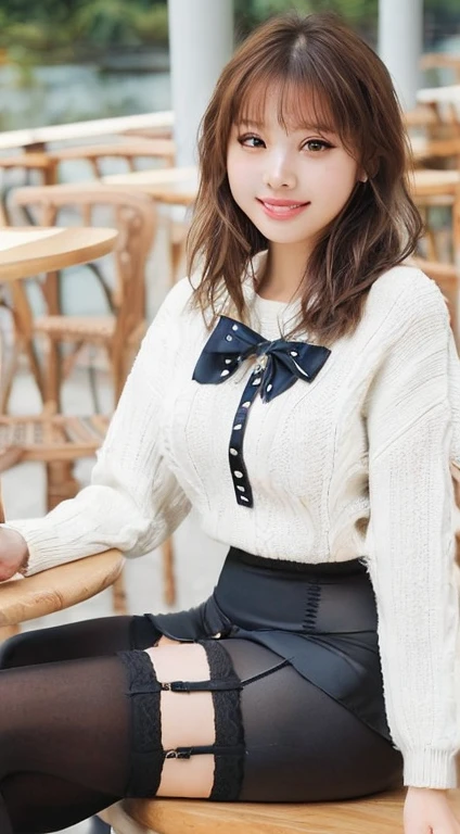Thigh gaps, ((((Photorealistic)))),(Slim figure)),((AKB 48))),(Full body photo))), (Sunset in the background))),(Cherry blossoms in the background)),((19 years old),(Small bust)))), (Wearing a hat deeply))), (Long skirt))))), (Spring sweater)))), (((Photorealism:6, Realistic))), (Sideways and turning around pose)),Perfect lower body shape,((Upside ponytail),(Ribbon),(Has scrunchies on wrists)),Hair ornaments,Small waist