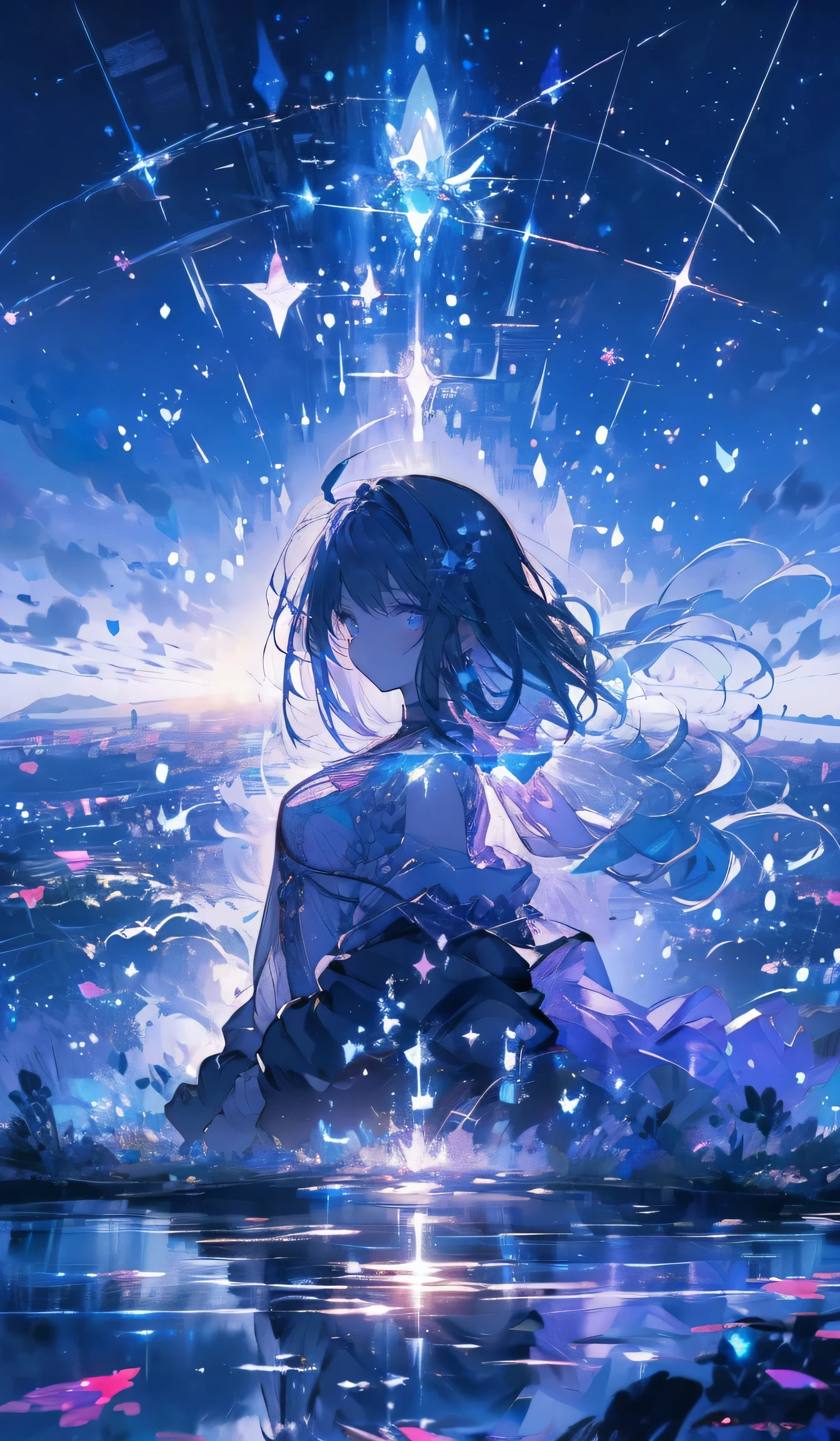 A girl sitting on a rock looking at the stars - SeaArt AI