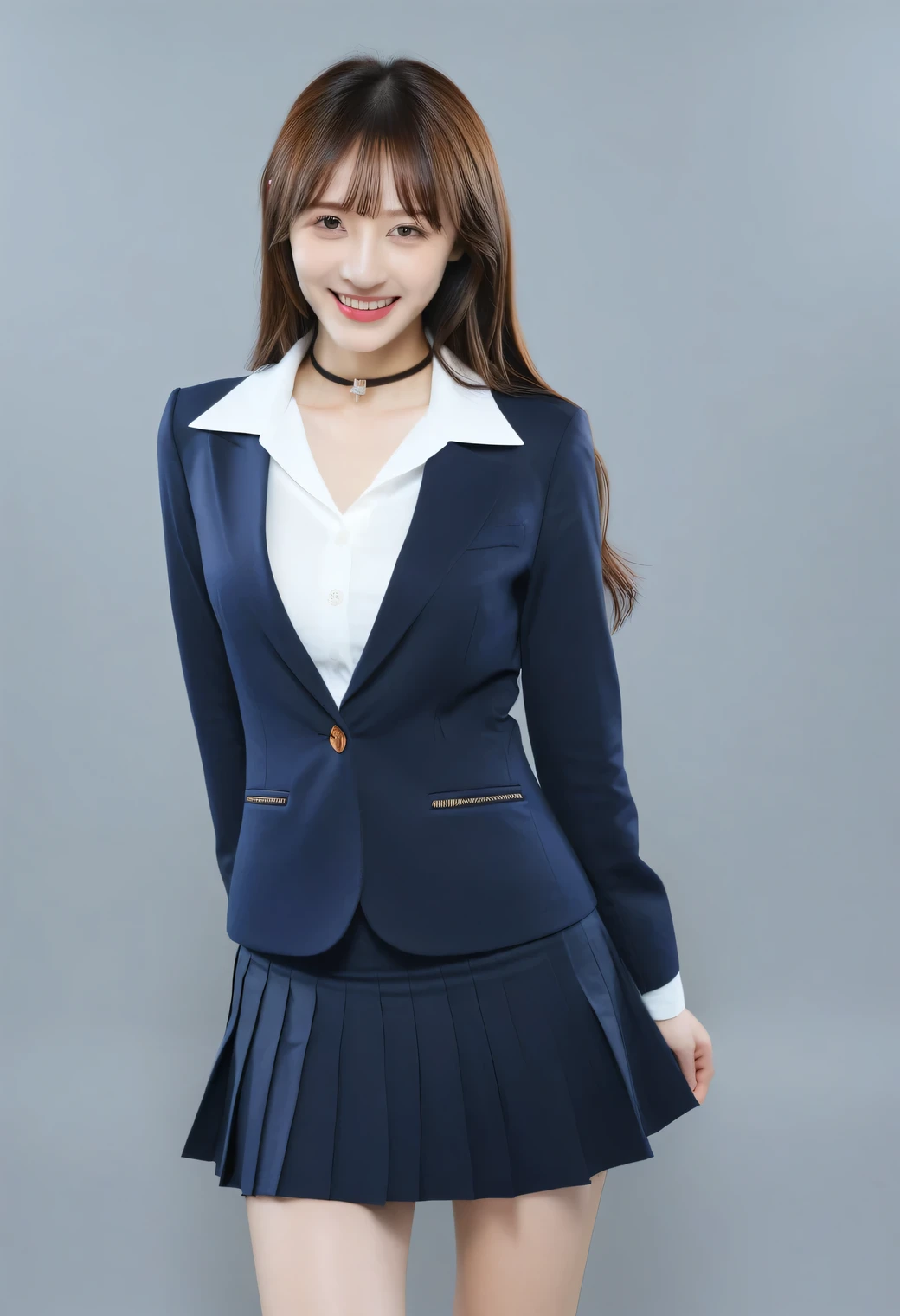 Score_9, Score_8, Score_8upScore_7, Best Quality、masterpiece、((live-action, photograph)), ((Layered Cut)), (White tight shirt、Navy Blazer、mini skirt)), Slender body, Slim face、(8k,Best Quality),Shooting from close up, Adorable, smile, Happy expression, Straight long brown hair,((Black choker))、Almond Eye、bangs、Very long eyelashes, Perfect Makeup、Portrait, ((Japanese Idols、Very large breasts))、Very large breasts 、Big Breasts、((Cute Japanese Top Idols.))、、((Futuristic Laboratory))、The button on my shirt is about to pop off、Cleavage