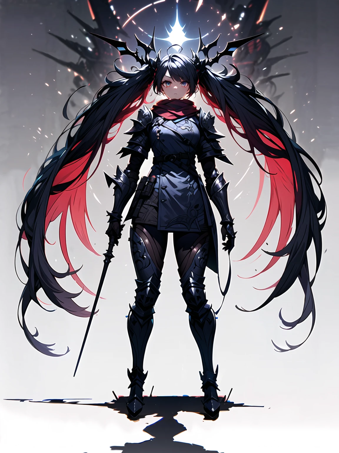 official art, unity 8k wallpaper, ultra detailed, beautiful and aesthetic, beautiful, masterpiece, best quality, (zentangle, mandala, tangle, entangle), Portrait Of Stunningly Beautiful Girl,  Petite, Delicate Beautiful Attractive Face With Alluring Sharp Red Eyes, Sharp Eyebrows, Sadness Grieving, Closed Mouth, Small Breasts, Layered Medium Twintail Black Hair, Blush Eyeshadow, Thick Eyelashes, Rollable Fedora Hat, platform footwear,Black Frill Hem Shirt Dress, Thigh Highs, At Night, full body, white background, moody lighting, glow, glowing, mysterious, mystical, magical, rim lighting, gorgeous, vibrant, psychedelic, colorful, intricate, elegant, sharp focus, highly detailed, digital painting, concept art, matte, masterpiece, Hyper detailed ultra sharp, vibrant aesthetic, bloodwave, colorful, psychedelic, ornate, intricate, digital painting, concept art, smooth, sharp focus, illustration, beautiful female,