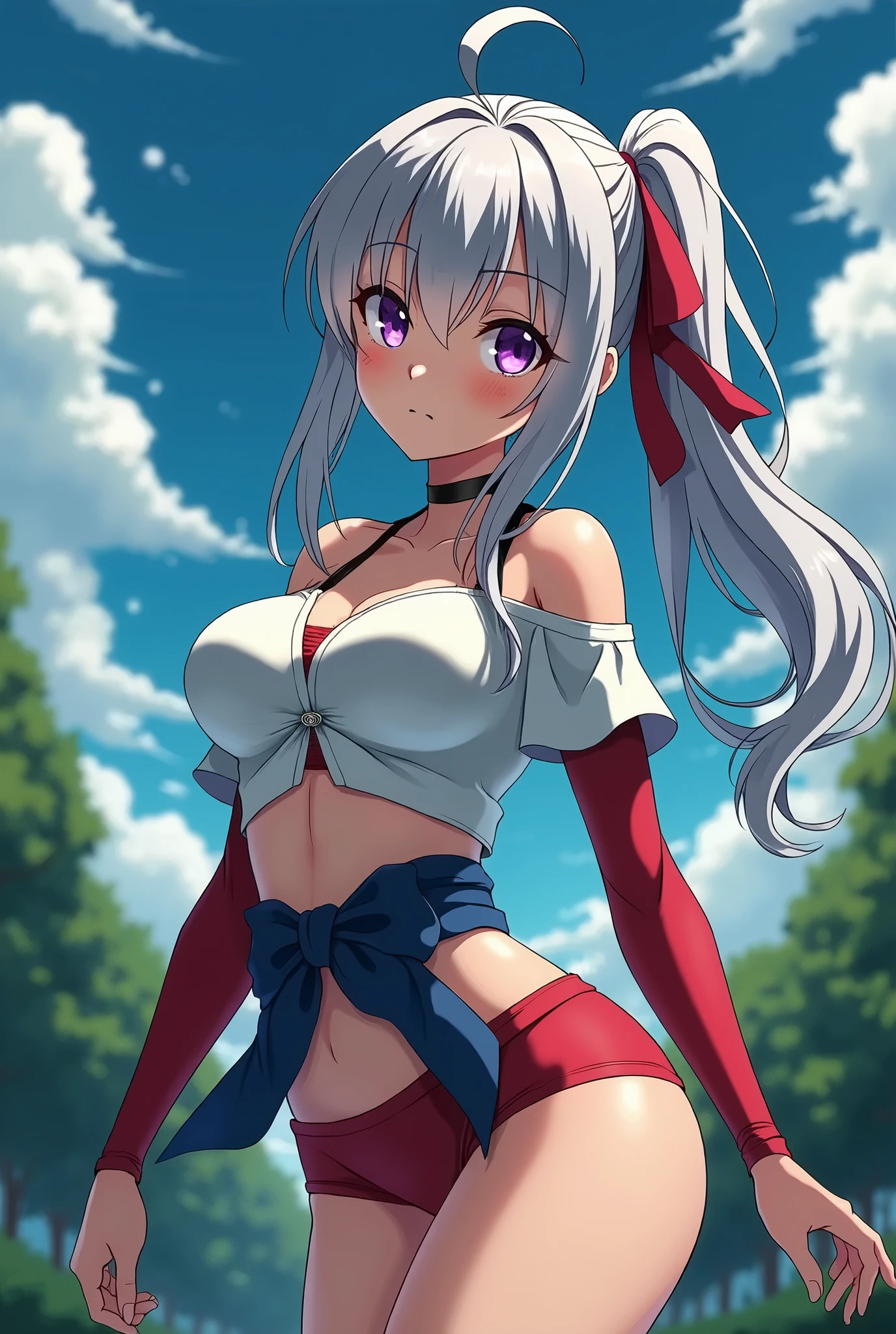 masterpiece, best quality, extremely detailed, 1girl, mature female, solo, ross, (huge breasts:1.5), (((white hair, long hair, ponytail, blue eyes))), parted lips, (((sleeveless shirt, layered shirt, layered skirt, crop top, wrist cuffs, gradient legwear, red thighhighs, high heels, boots, hair flower, ribbon))), ((blush, angry), closed mouth), ((sitting on the bench, garden, dark sky, cloudy sky))