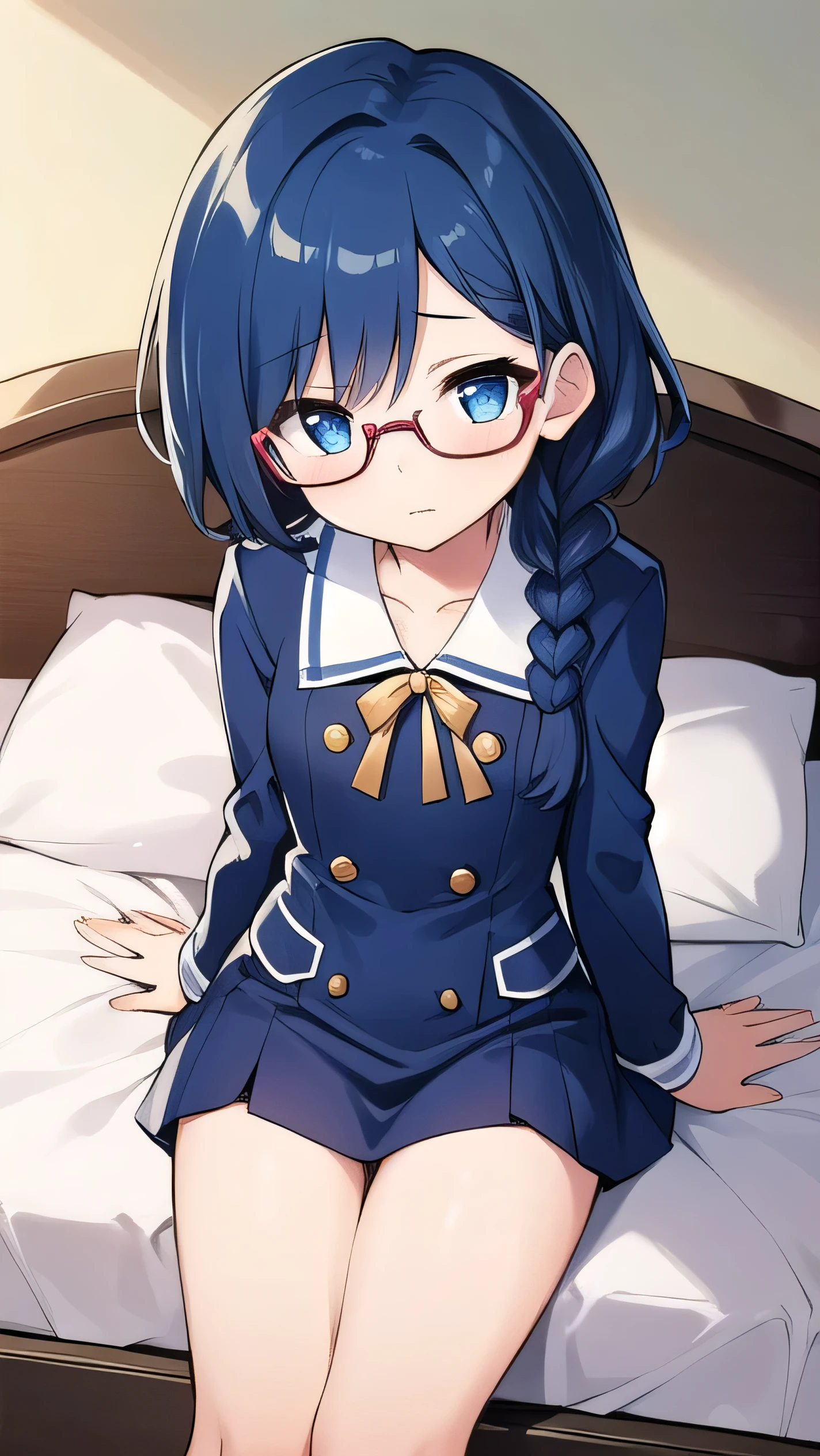 small breasted girl, short, elementary school student, blue hair, fishtail braid, blue eyes, round eyes, shy, shy, , short, young face, short height, , glasses with no edges,Lingerie Set，bed，bed,lying on back
