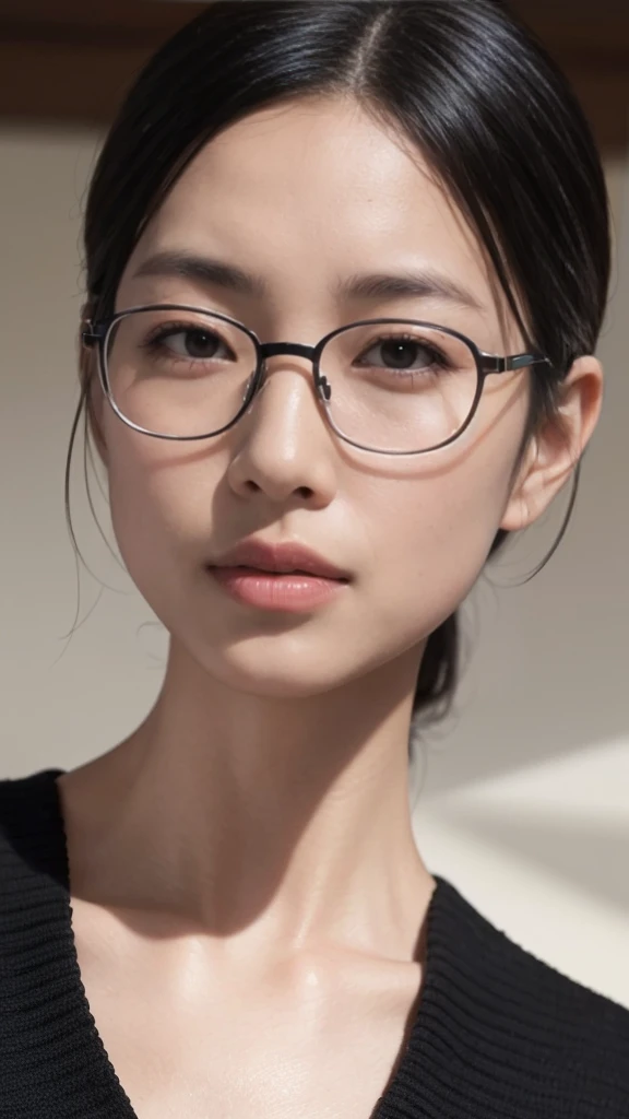 High resolution、masterpiece、Textured Skin、High image quality、超High resolution、Very detailed、woman、Look at,Plain black hair、Age 35、Tired expression、Rimless Glasses、Face close-up、