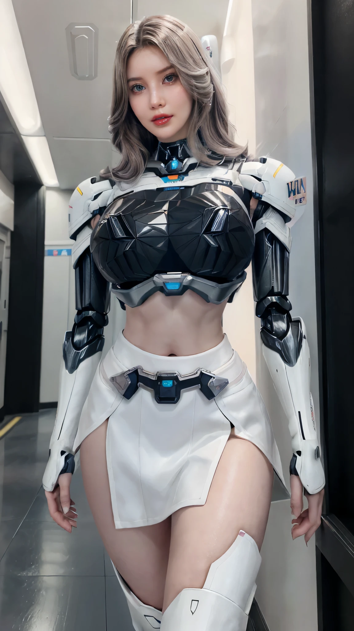 A beauty girl with (wavy long hair:1.5), mecha_musume, (CLOSE UP UPPER BODY:0.8), (COWBOY SHOT PORTRAIT:1.4), ((SFW HUGE FAKE BREASTS:1.3)), (11 line ABS:1.3), ((MECHA GUARD ARM, MECHA WAIST ARMORED, MECHA GUARD SHOULDER CRYSTAL CORE:1.3)), (MECHA CYBER ARMOR FORM OVERWATCH,BLACK MECHA SKINTIGHT:1.5), (MINI SKIRT:1.5), (MUSCULAR HOURGLASS BODY SHAPE, GLOWING BODY PALE SKIN:1.3), (LOOKING AT VIEWER:1.5), (HALLWAY OF FUTURISTIC SPACE STATION:1.3), (BRIGHT LIGHT WHITE_ROOM:1.3), HYPER TEXTURE, UNREAL ENGINE RENDER, PHYSICALLY-BASED RENDERING, ULTRA HIGHT DEFINITION, 16K, DSLR, 1080P.